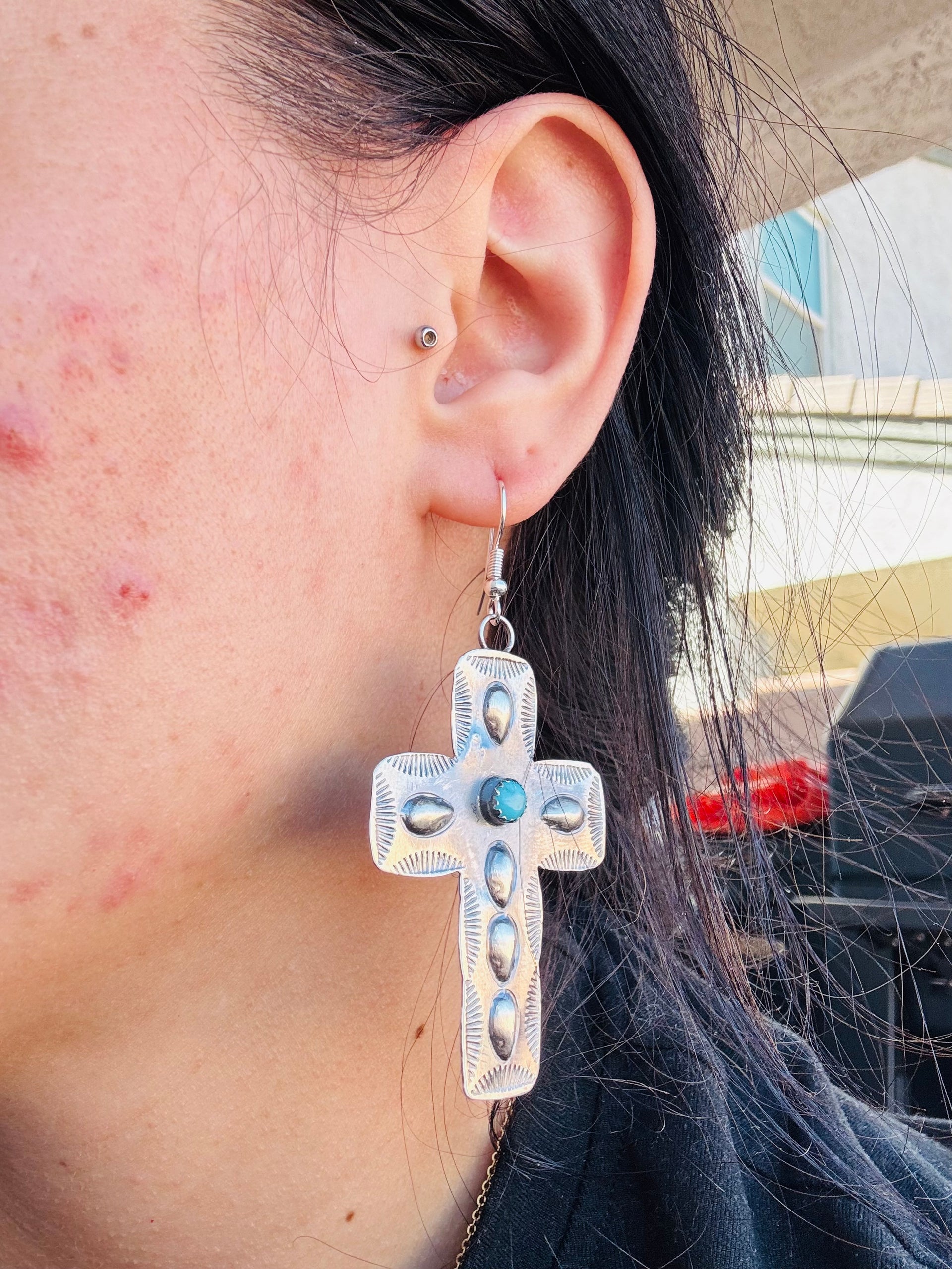 Tim Yazzie Kingman Turquoise & Sterling Silver Dangle Cross Earrings