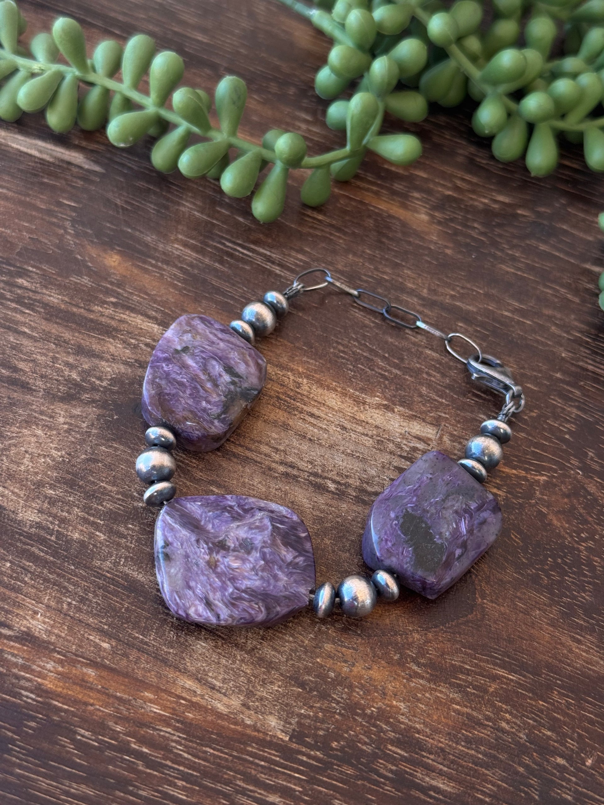 Navajo Strung Charoite & Sterling Silver Pearl Bracelet