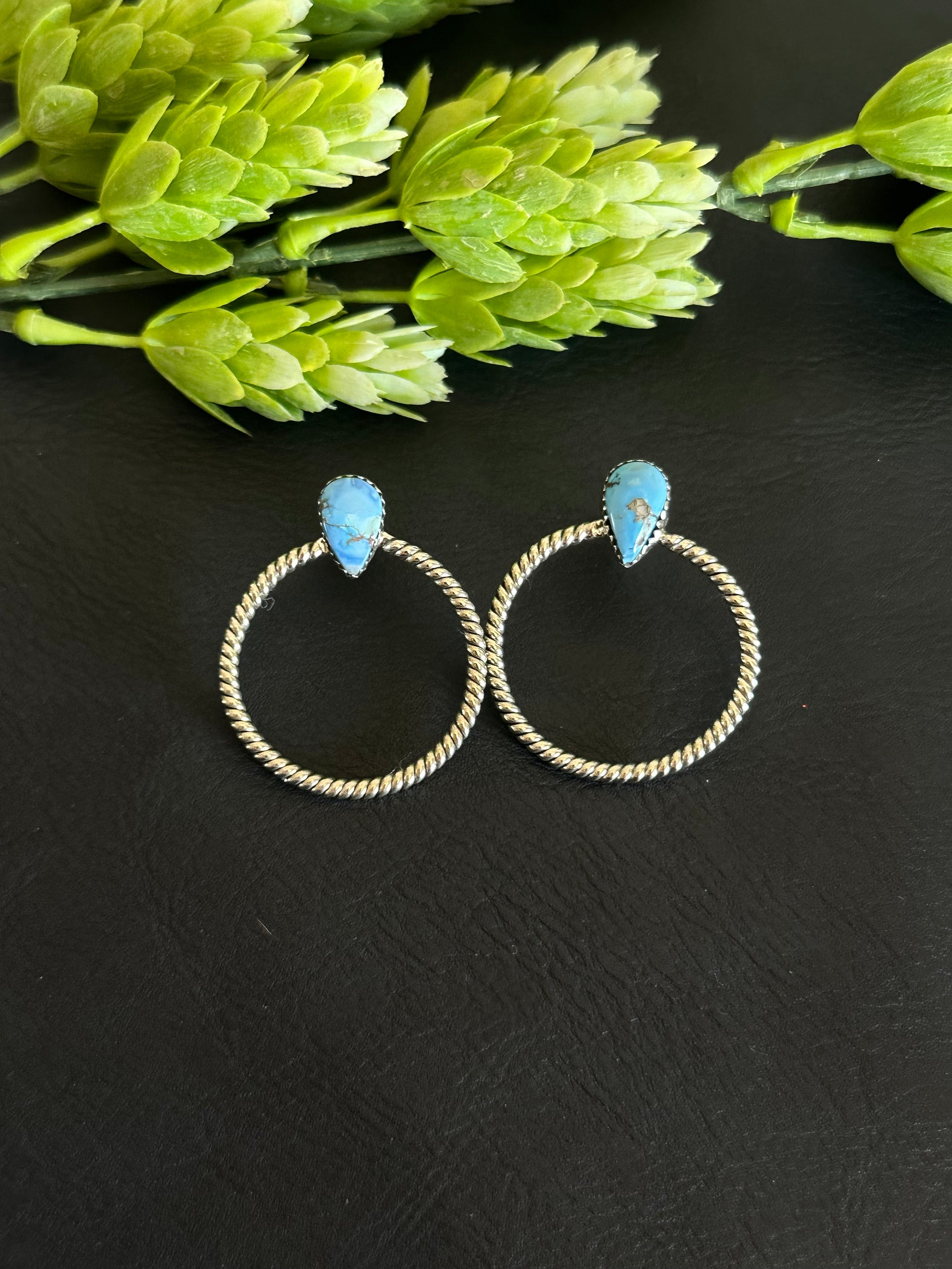 Southwest Handmade Golden Hills Turquoise & Sterling Silver Post Hoop Earrings