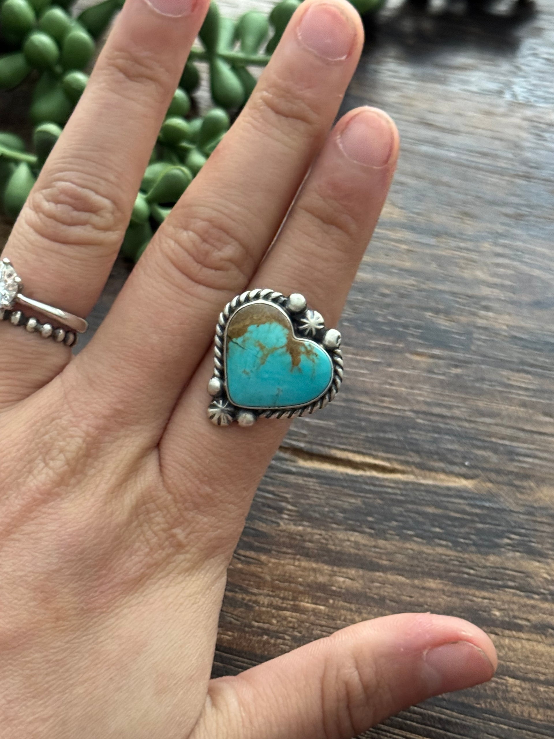 Alfred Martinez Kingman Turquoise &  Sterling Silver Adjustable Heart Ring