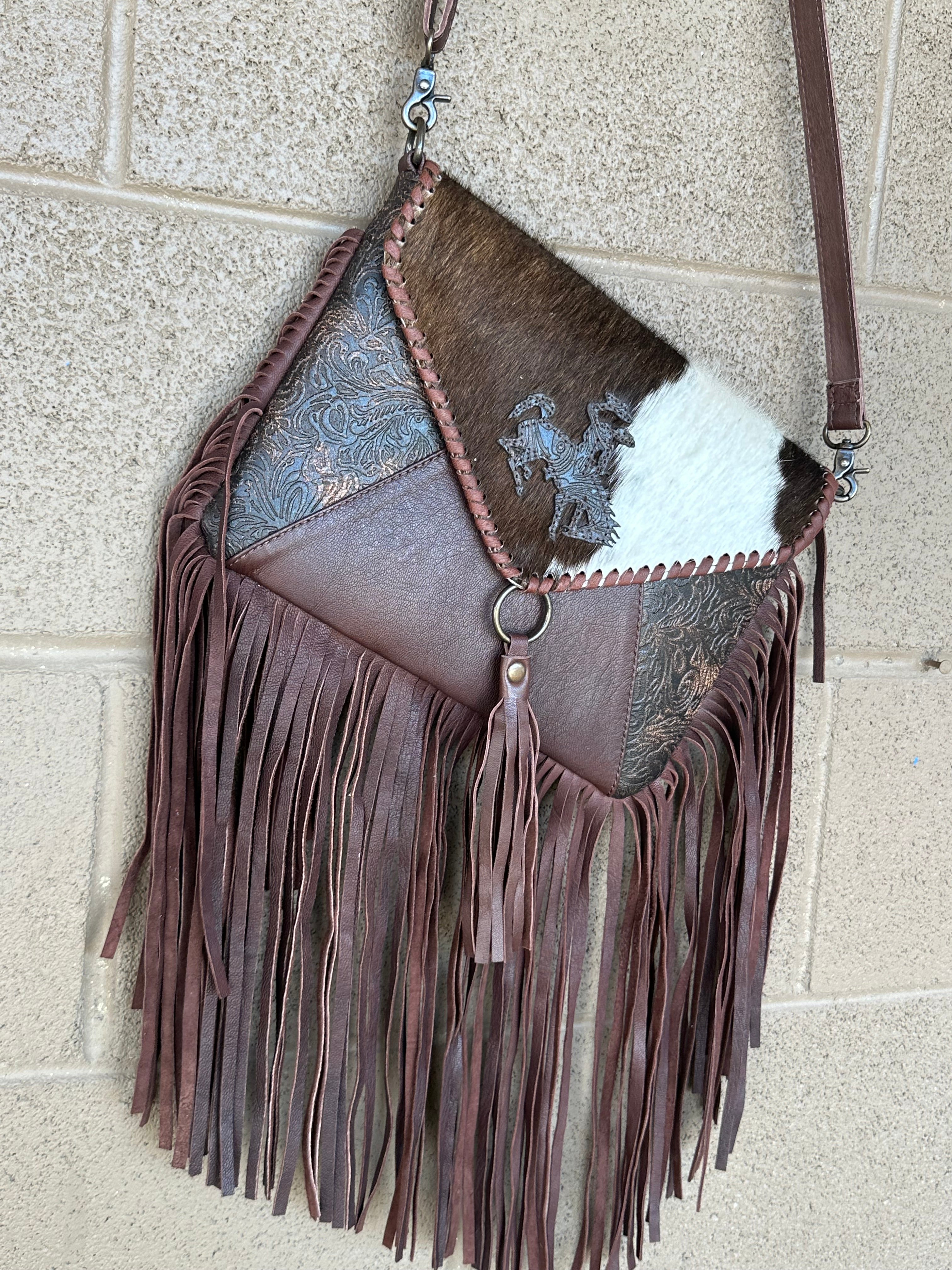 Genuine Tooled Leather & Cowhide Fringe Purse