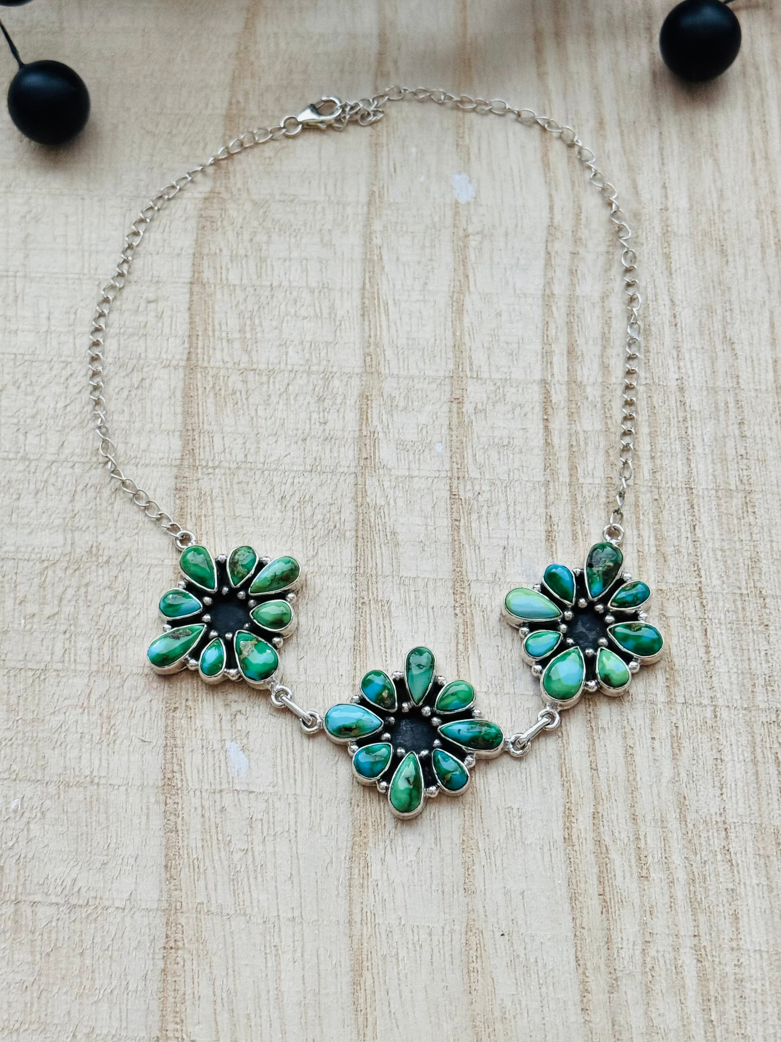 Southwest Handmade Sonoran Mountain Turquoise & Sterling Cluster Choker Necklace