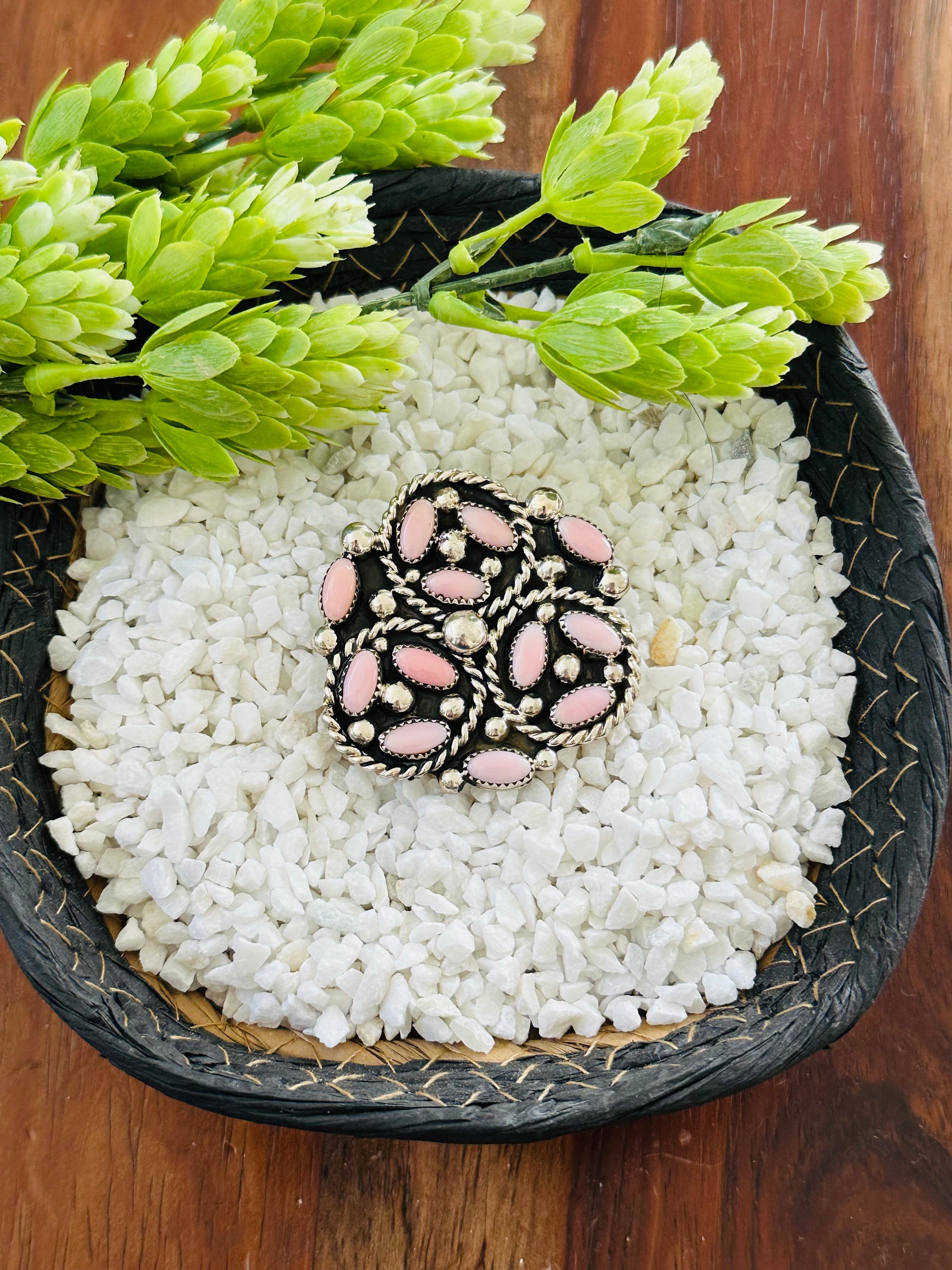 Navajo Made Pink Conch & Sterling Silver Adjustable Cluster Ring