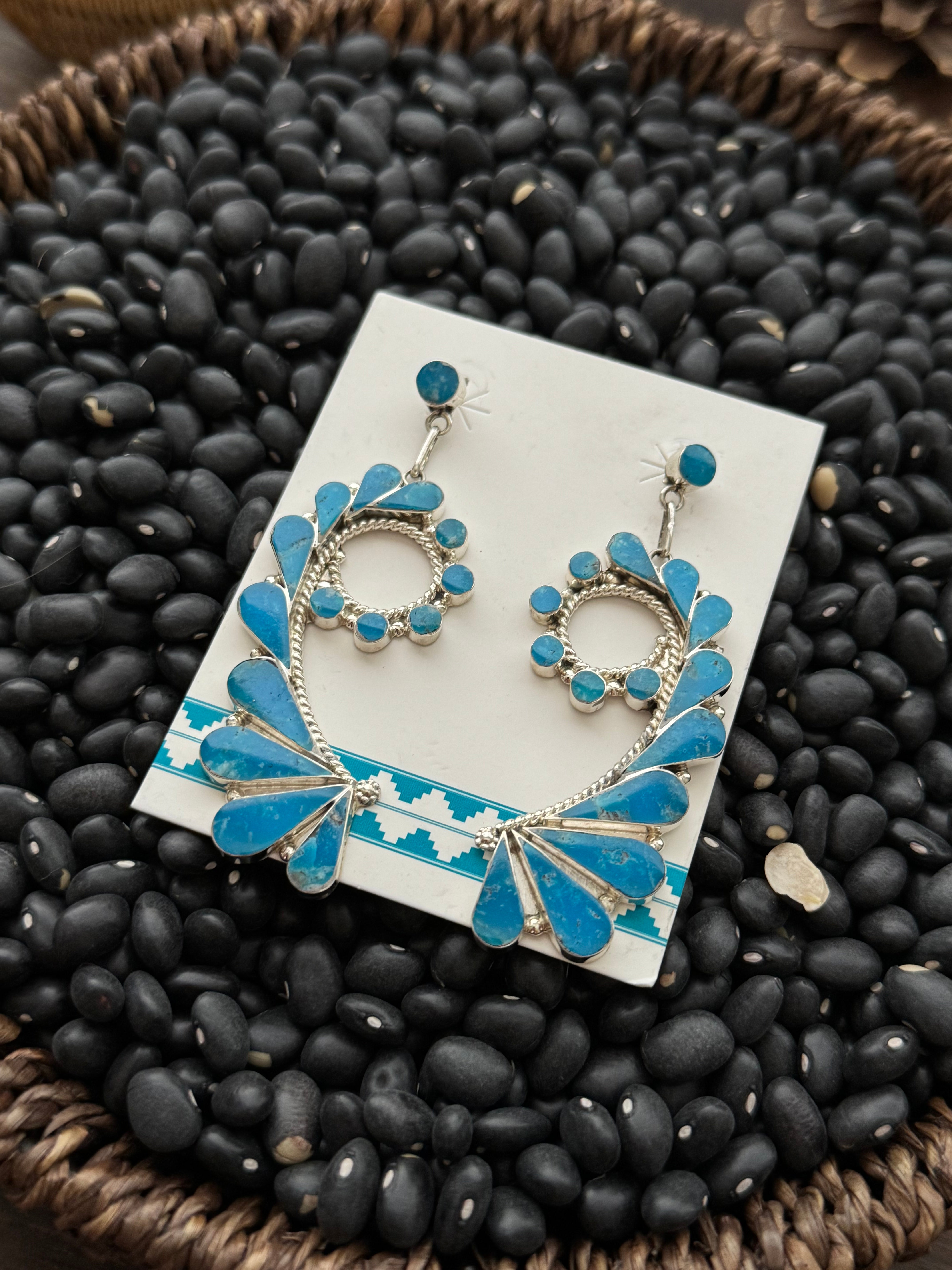 Zuni Made Kingman Turquoise & Sterling Silver Inlay Dangle Earrings