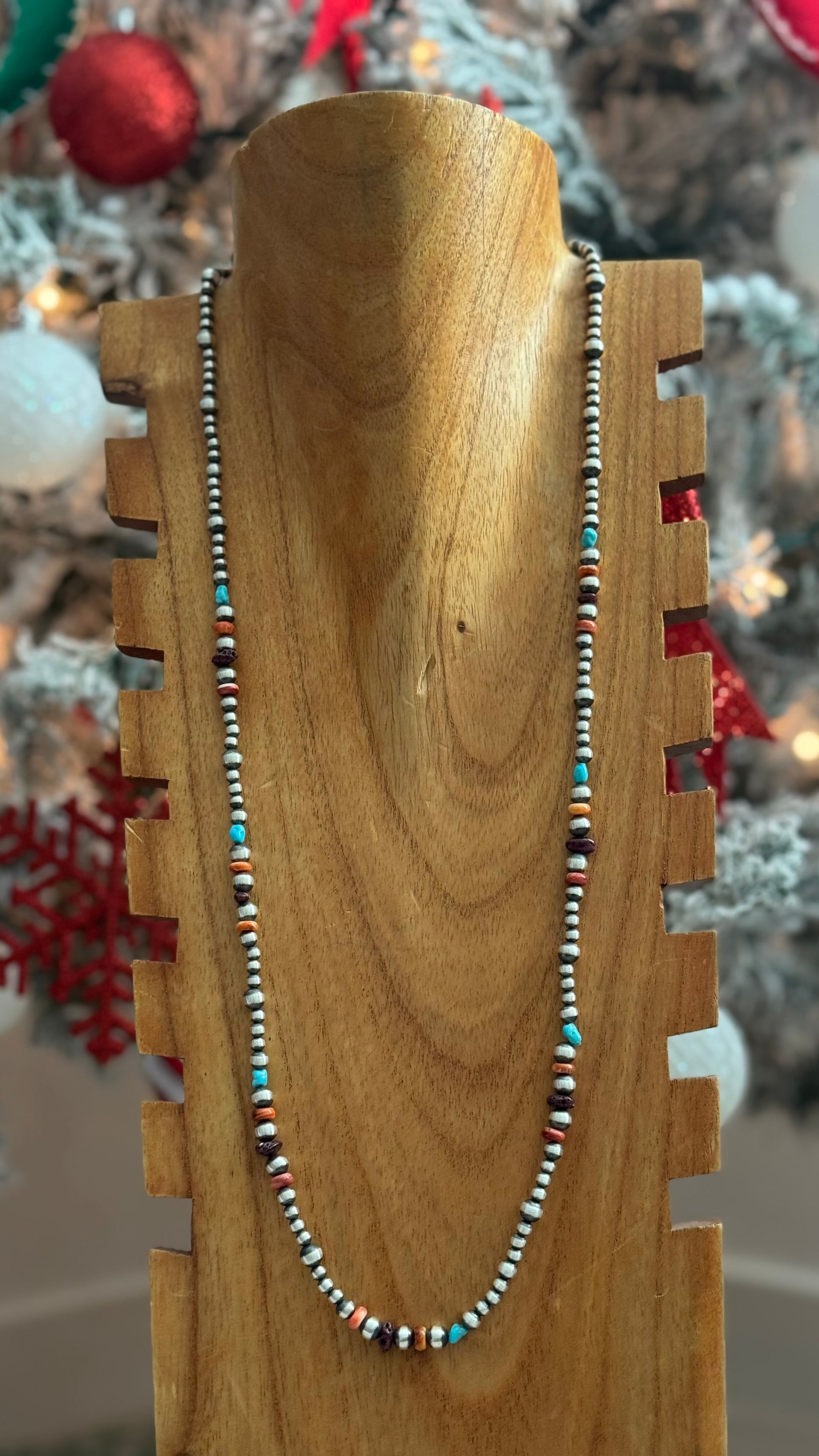 Navajo Strung Multi Stone & Sterling Silver Graduated Pearl Necklace