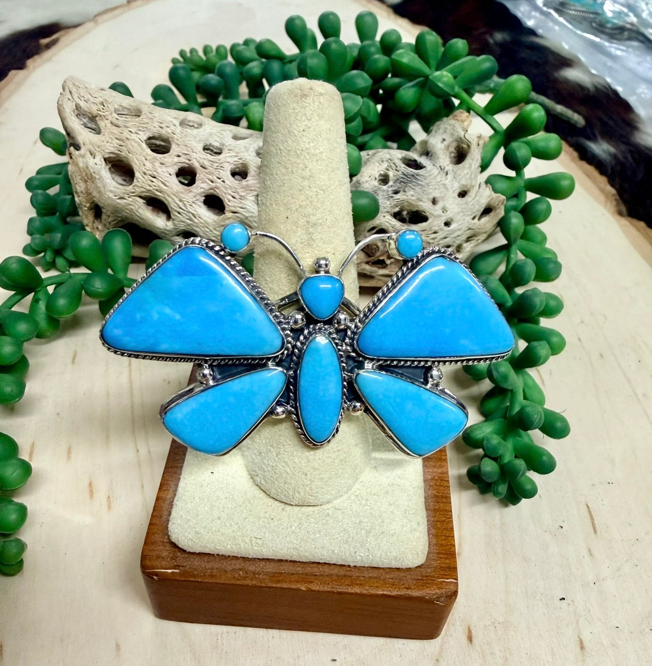 Southwest Handmade Kingman Turquoise & Sterling Silver Butterfly Ring Size 10