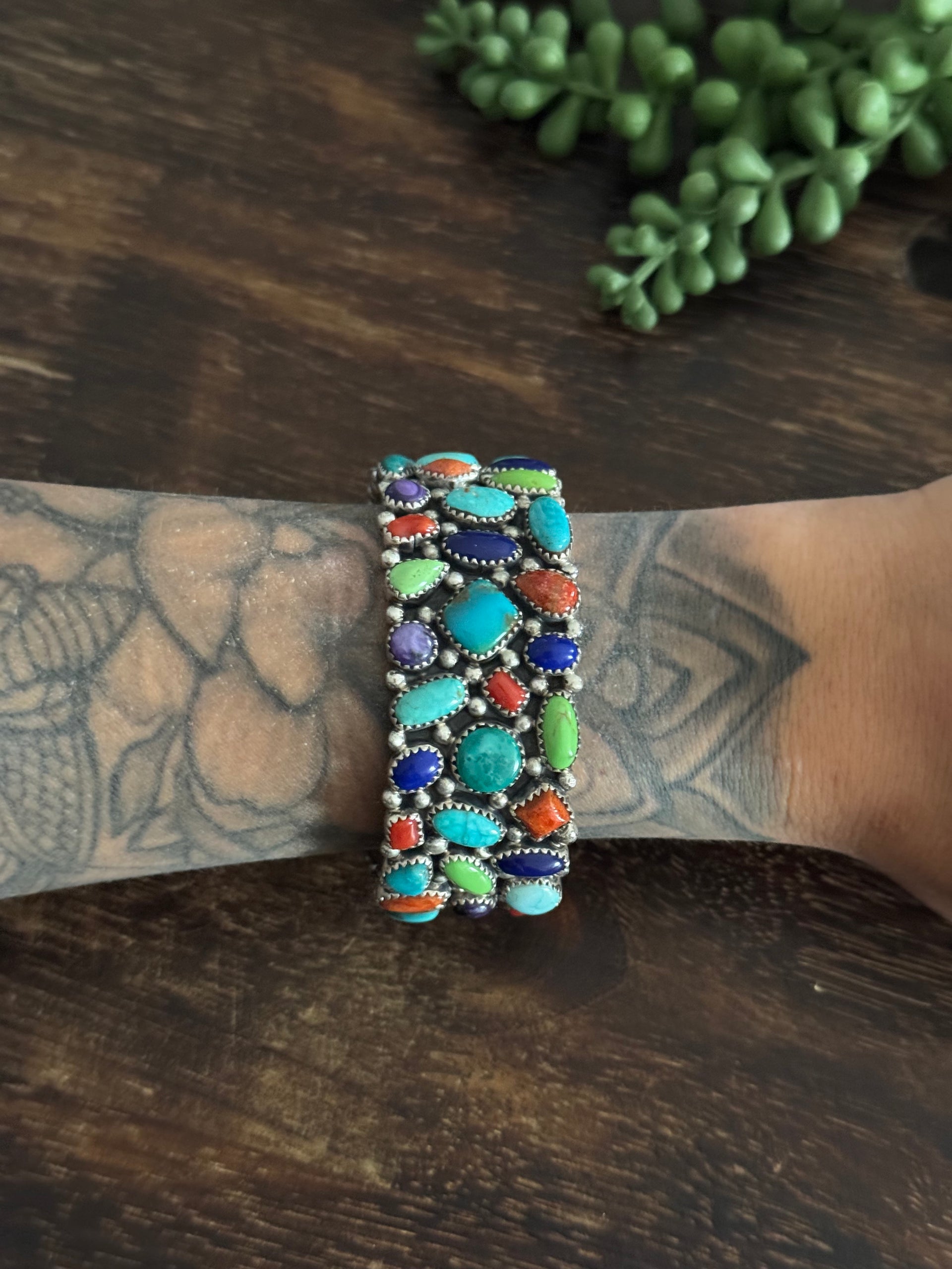 Vintage Navajo Made Multi Stone & Sterling Silver Cluster Cuff Bracelet