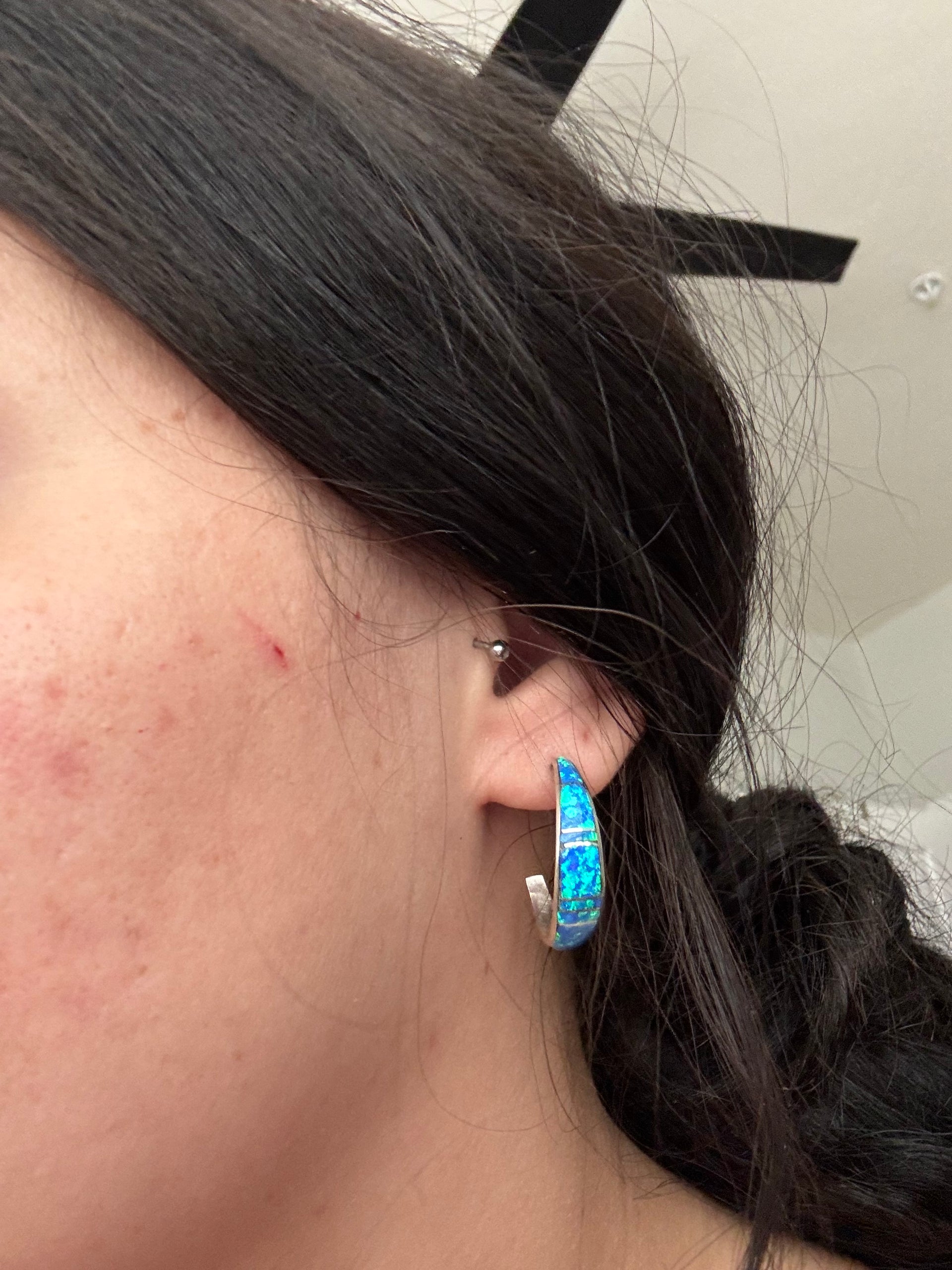 Joe Martinez Blue Opal (Man Made) & Sterling Silver Post Half Hoop Earrings