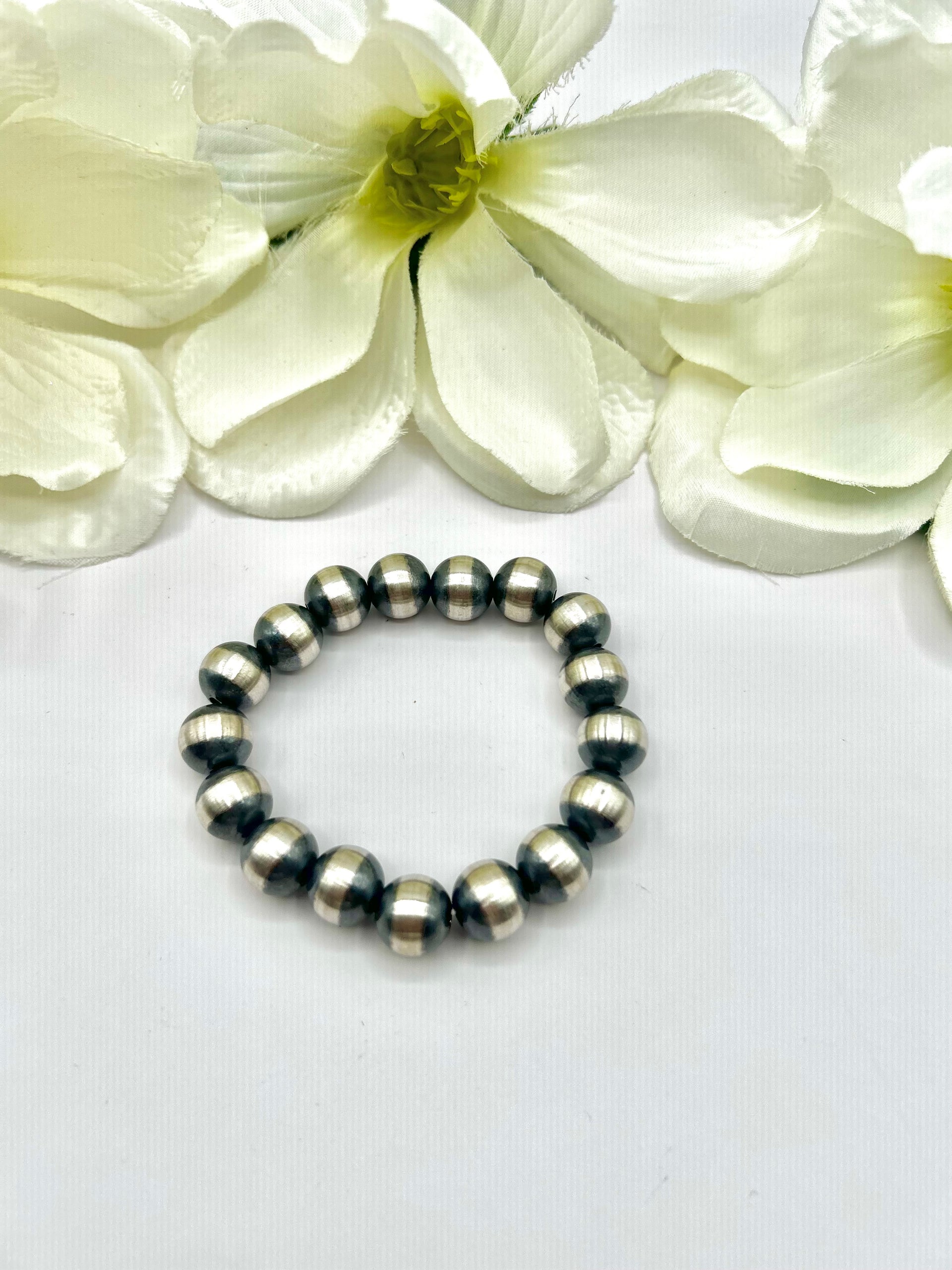 Navajo Made 12 MM Sterling Silver Strung Stretchy Bracelet