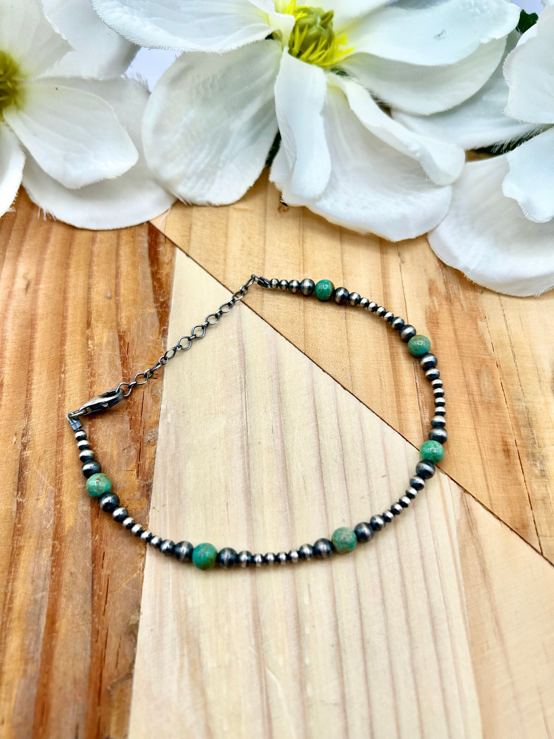 Navajo Made Kingman Turquoise & Sterling Silver Strung Anklet