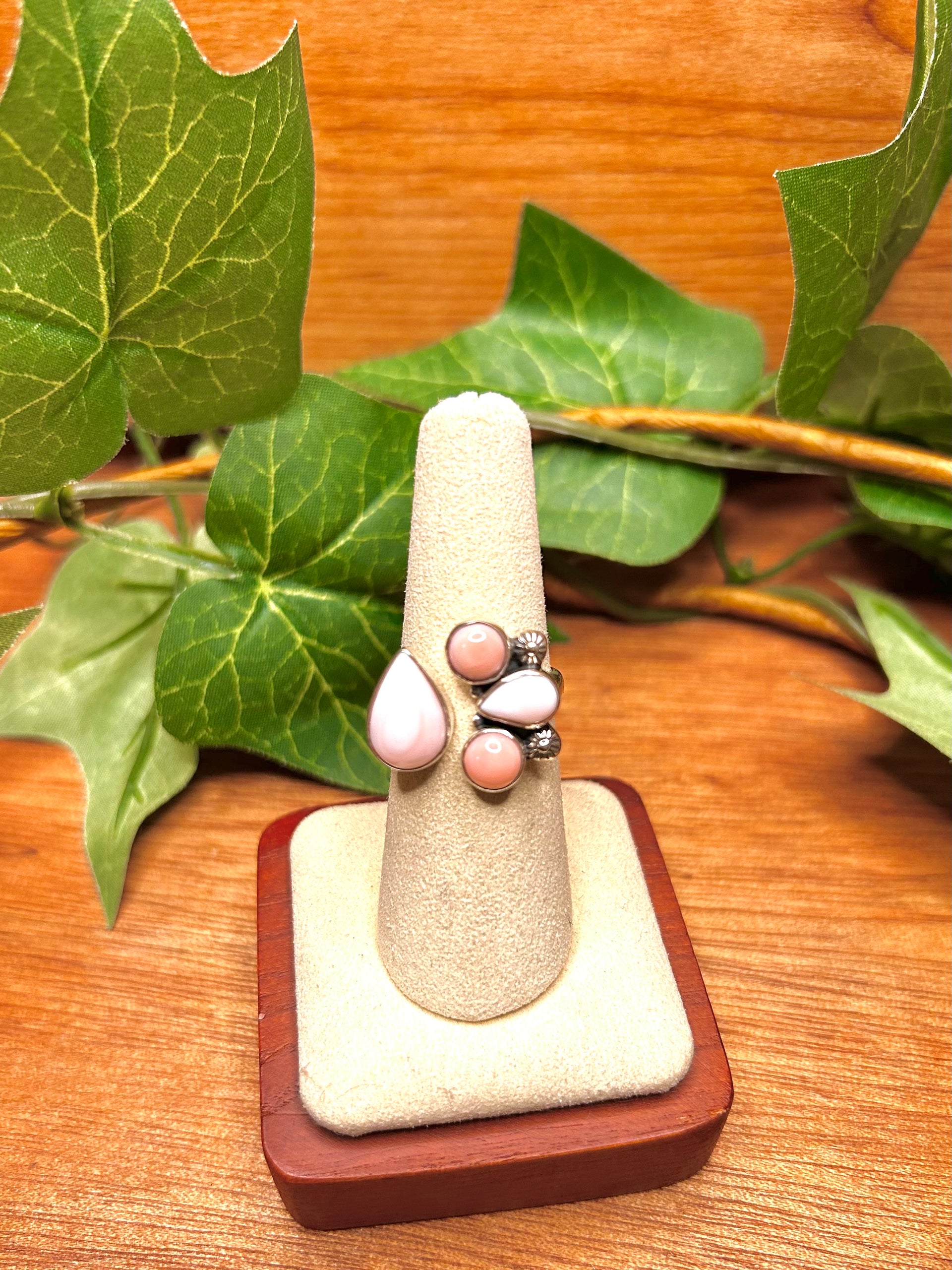 Southwest Made Pink Conch & Sterling Sliver Cluster Ring Size 7