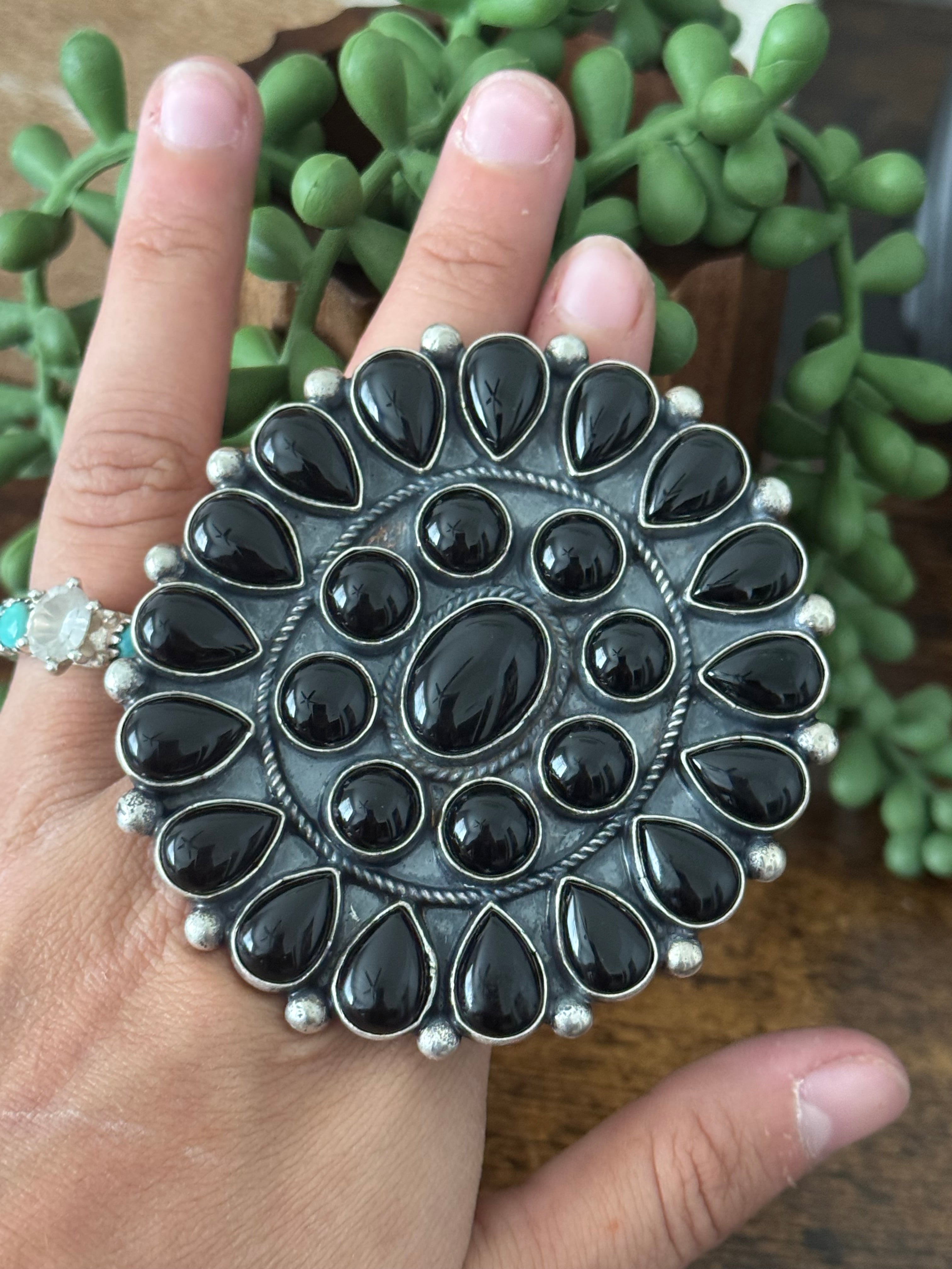 Navajo Made Onyx & Sterling Silver Adjustable Cluster Ring