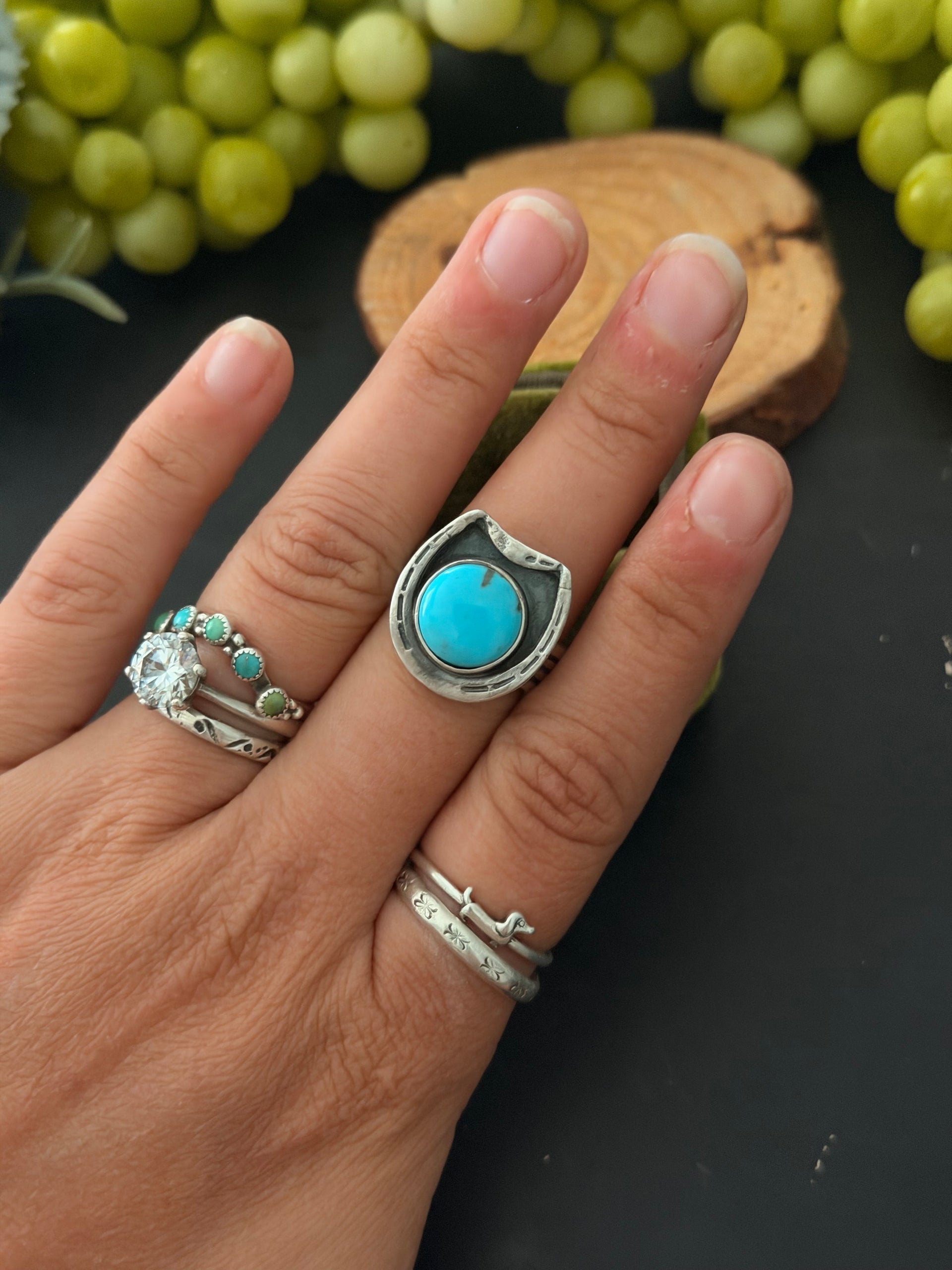 Navajo Made Kingman Turquoise & Sterling Silver Adjustable Horse Shoe Ring