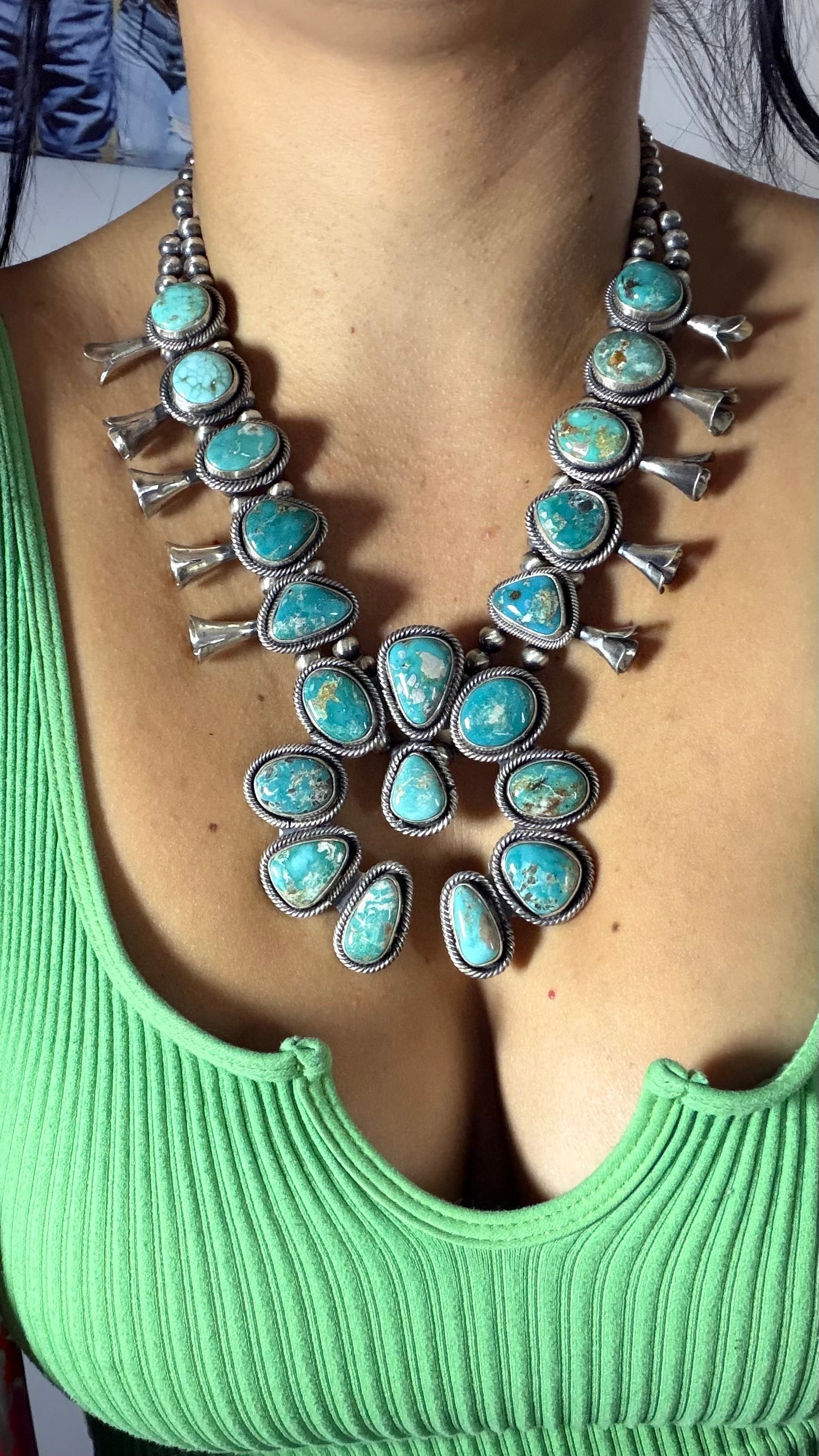 Danny Henio Royston Turquoise & Sterling Silver Squash Blossom Necklace Set