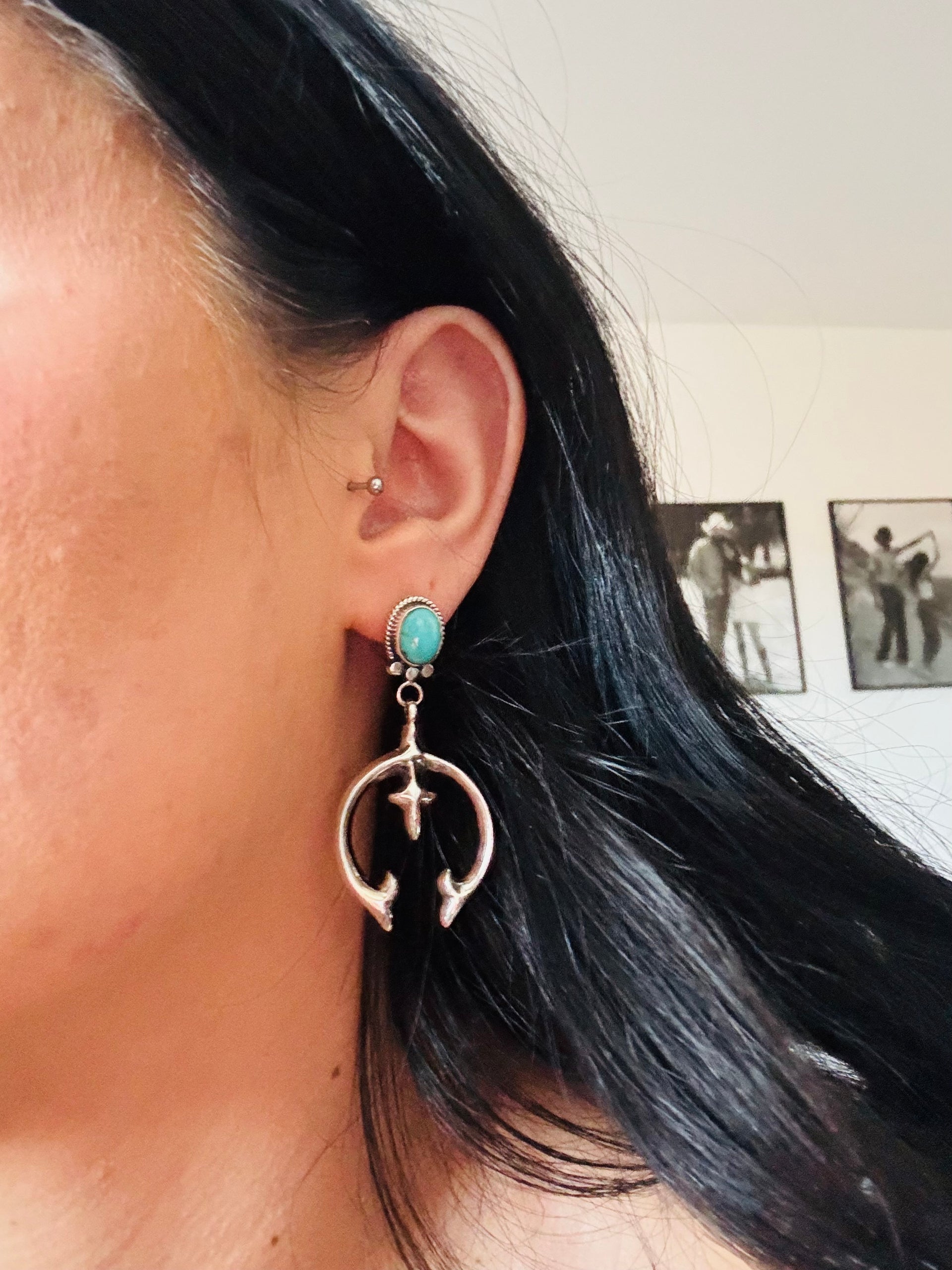 Navajo Made Kingman Turquoise & Sterling Silver Post Dangle Earrings