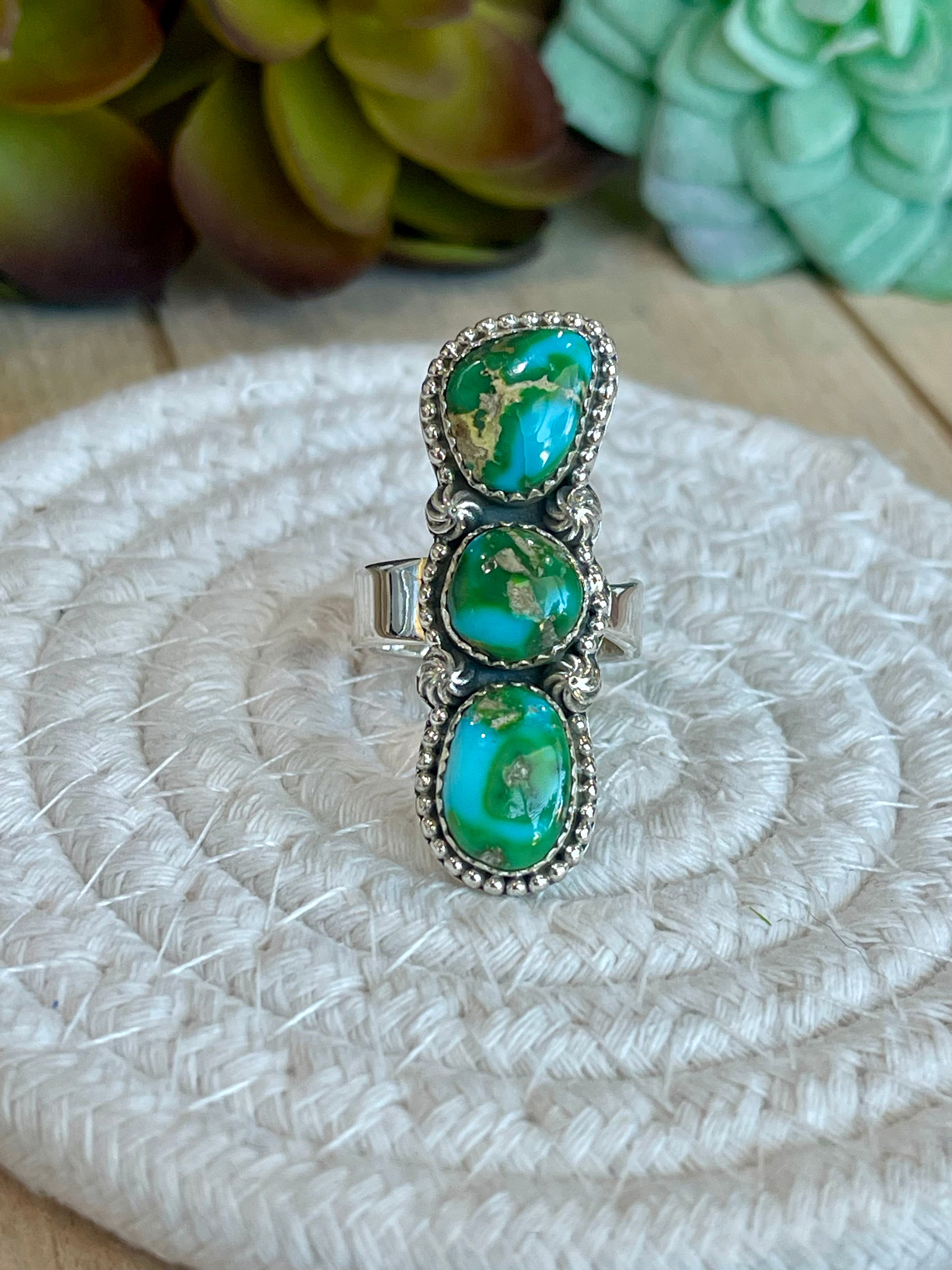 Southwest Handmade Sonoran Mountain Turquoise & Sterling Silver Adjustable 3 Srone Ring