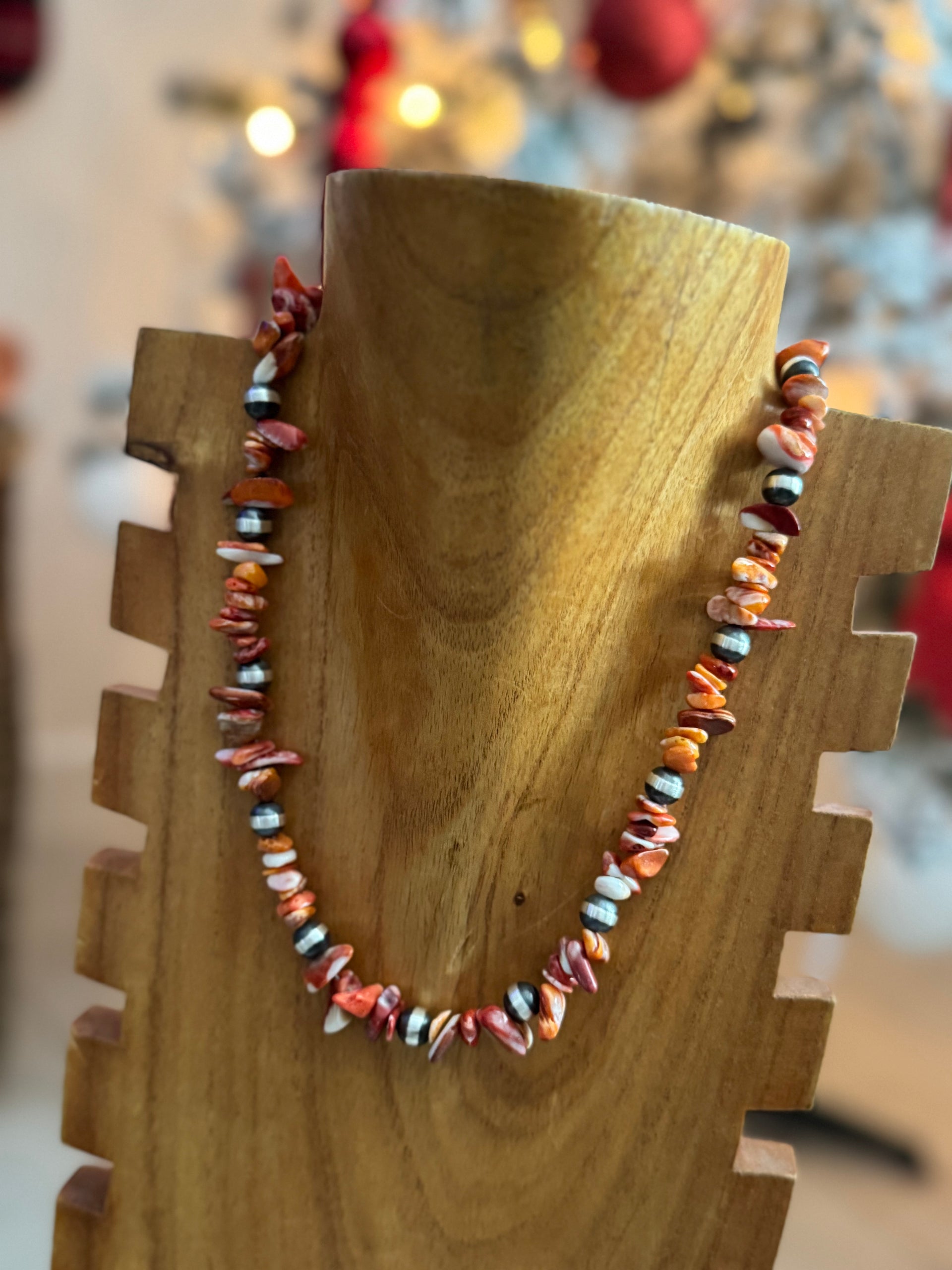 Navajo Strung Red/Orange Spiny Oyster & Sterling Silver Pearl Necklace