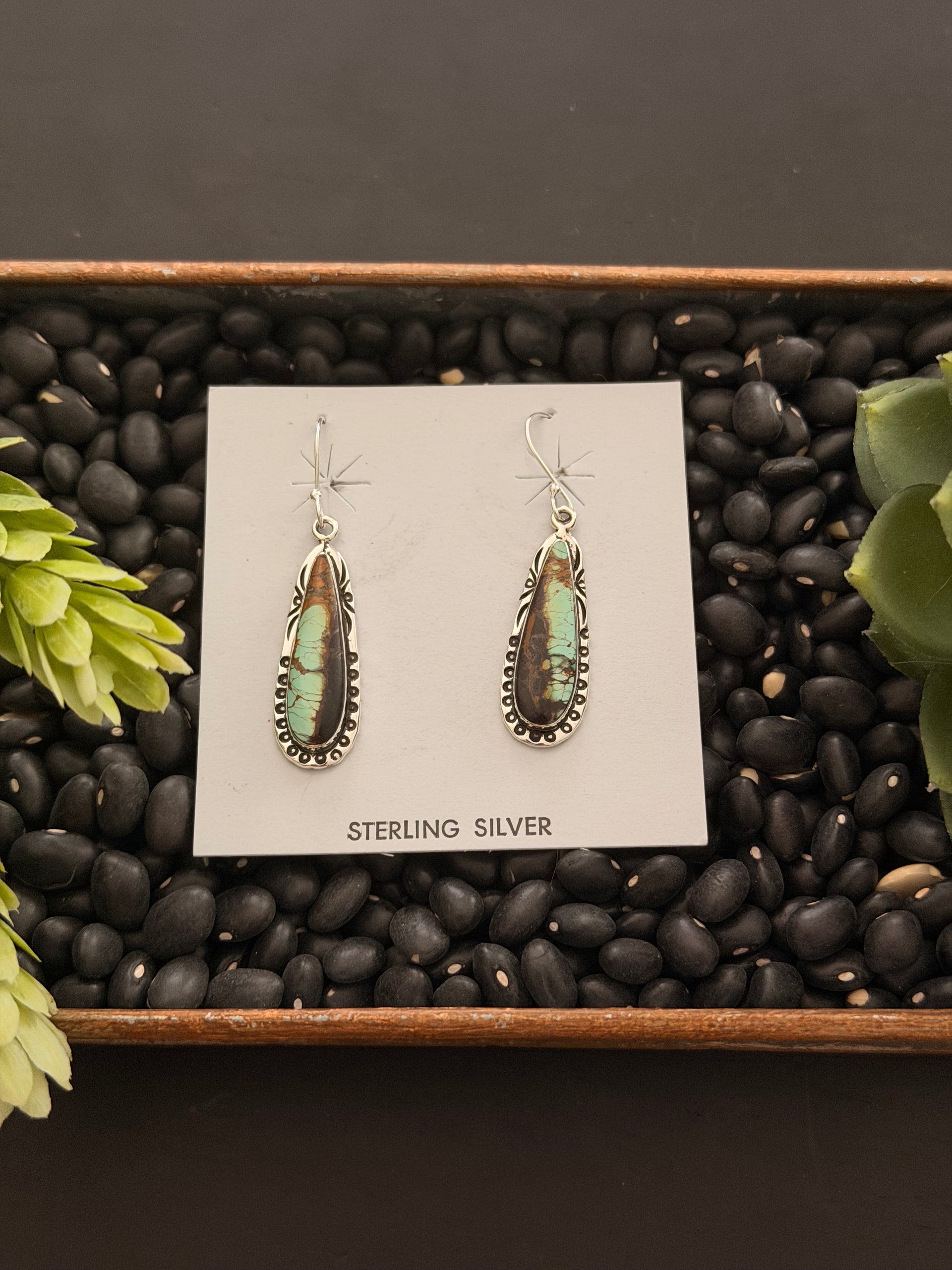 Navajo Made Black Jack Turquoise & Sterling Silver Dangle Earrings