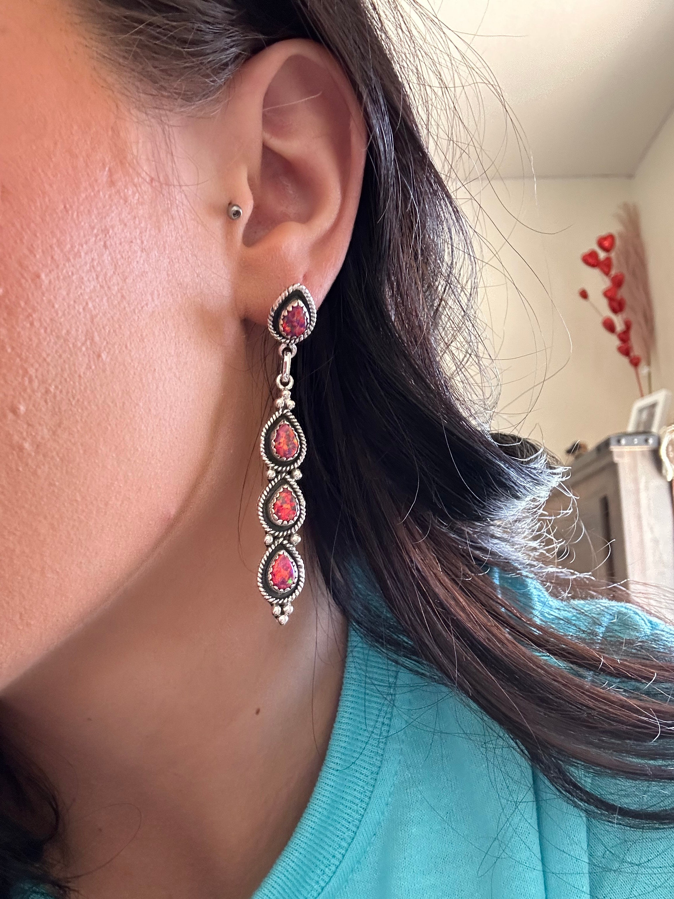 Southwest Handmade Pink Opal & Sterling Silver Post Dangle Earrings