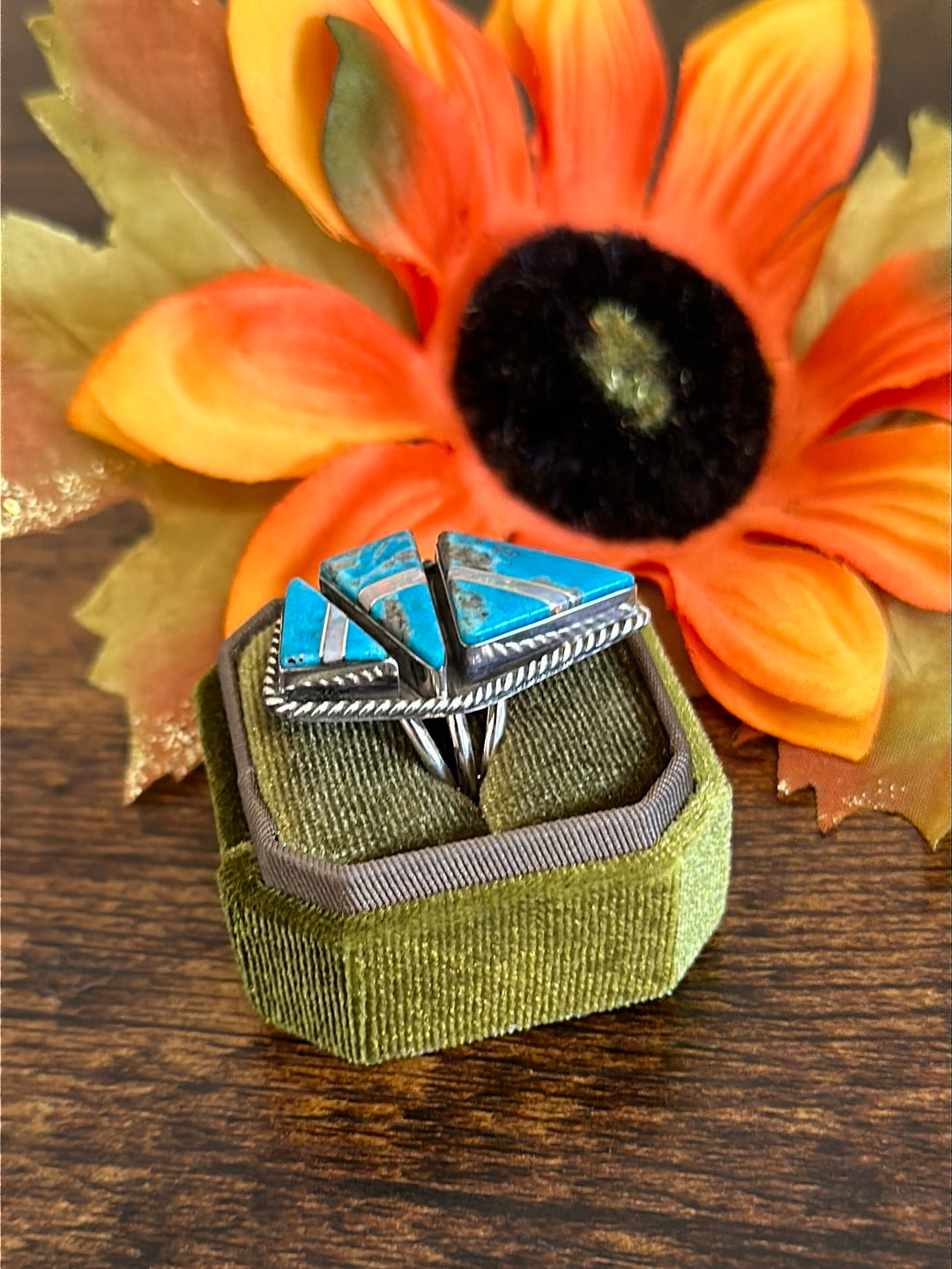 Navajo Made Multi Stone & Sterling Silver Inlay Ring Size 8.25