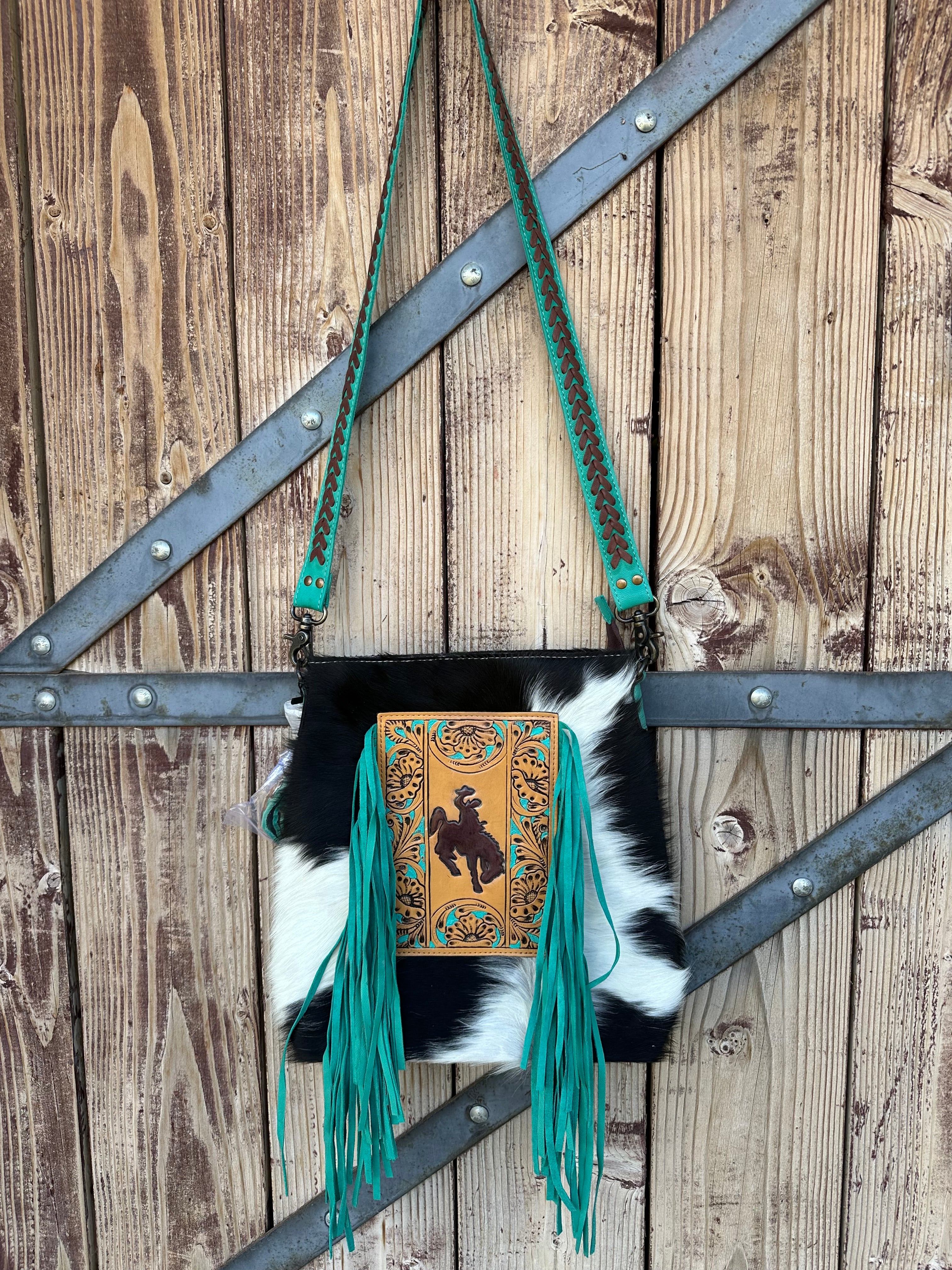 Genuine Tooled Leather & Cowhide Fringe Purse