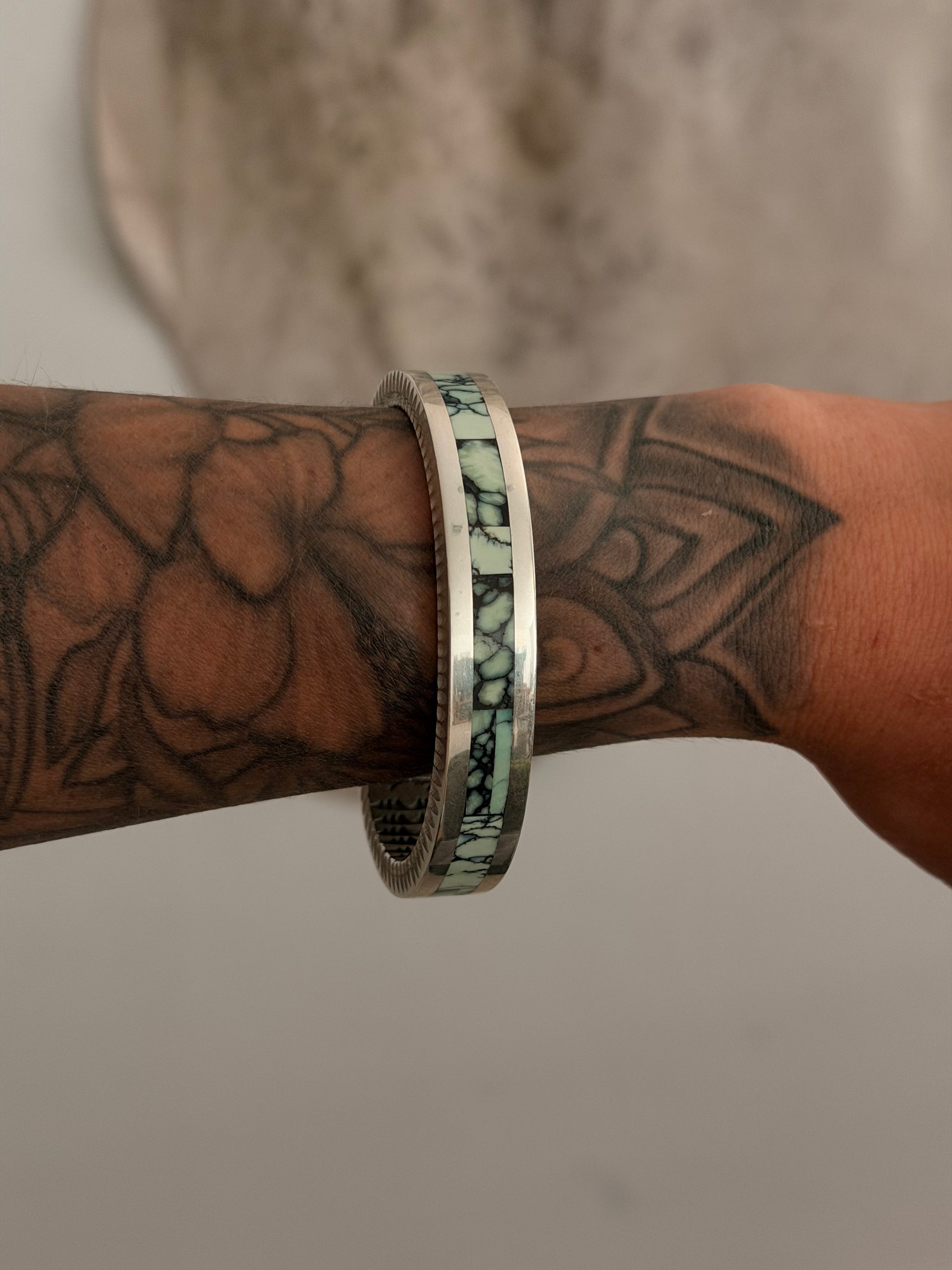 Steve Yellowhorse New Lander Variscite & Sterling Silver Inlay Cuff Bracelet