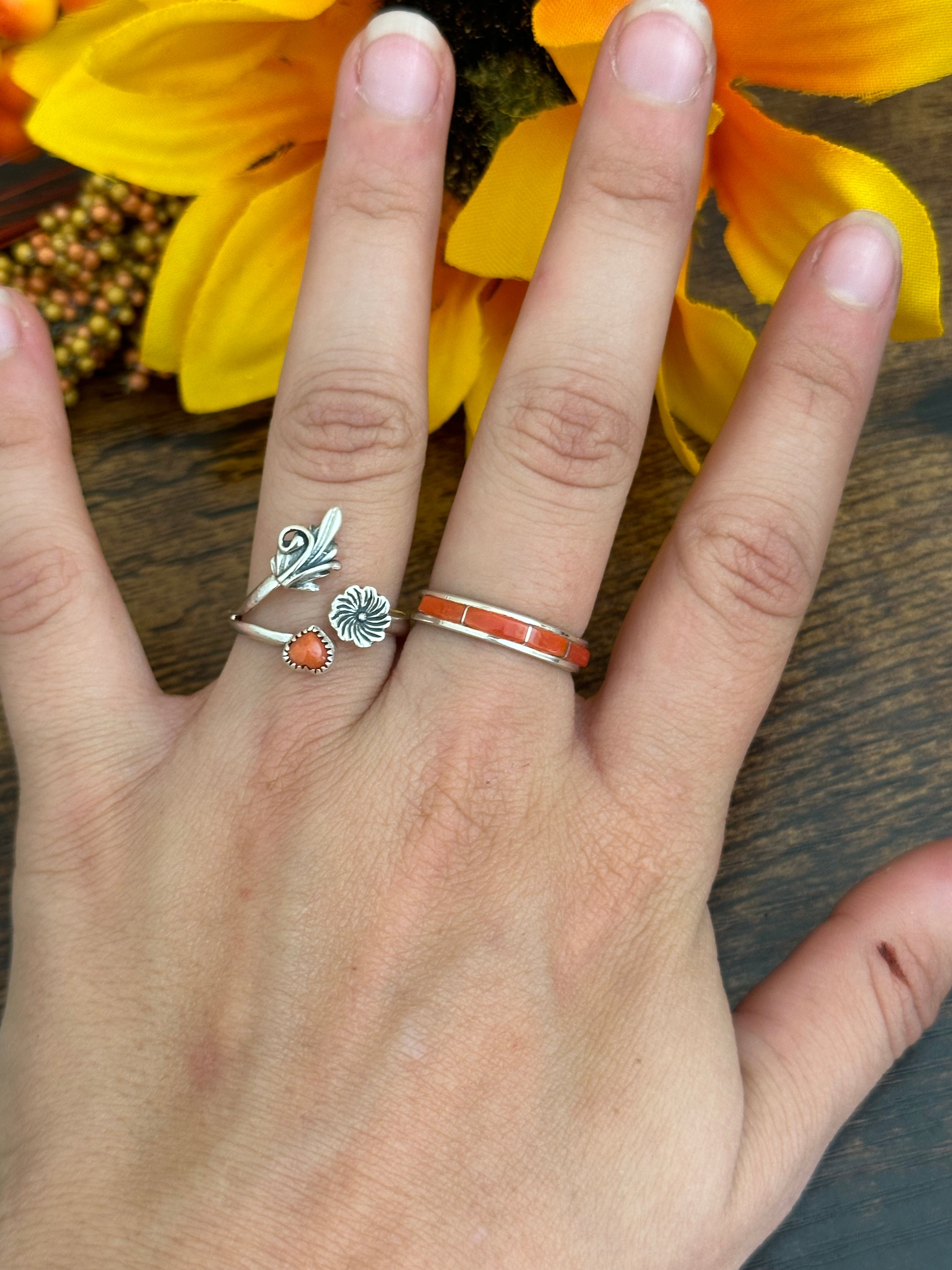 Navajo Made Red Coral & Sterling Silver Ring