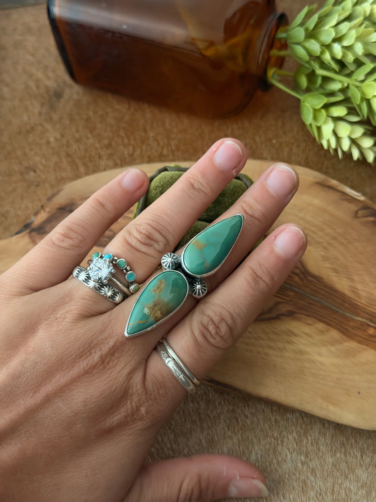Navajo Made Kingman Turquoise & Sterling Silver Adjustable Ring