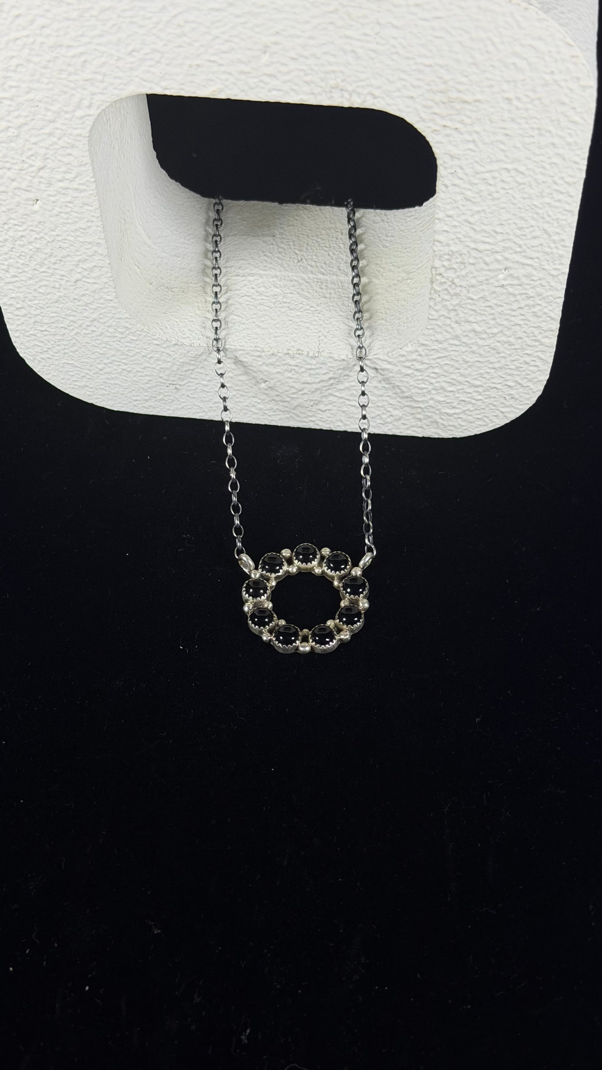 Navajo Made Onyx & Sterling Silver Cluster Necklace