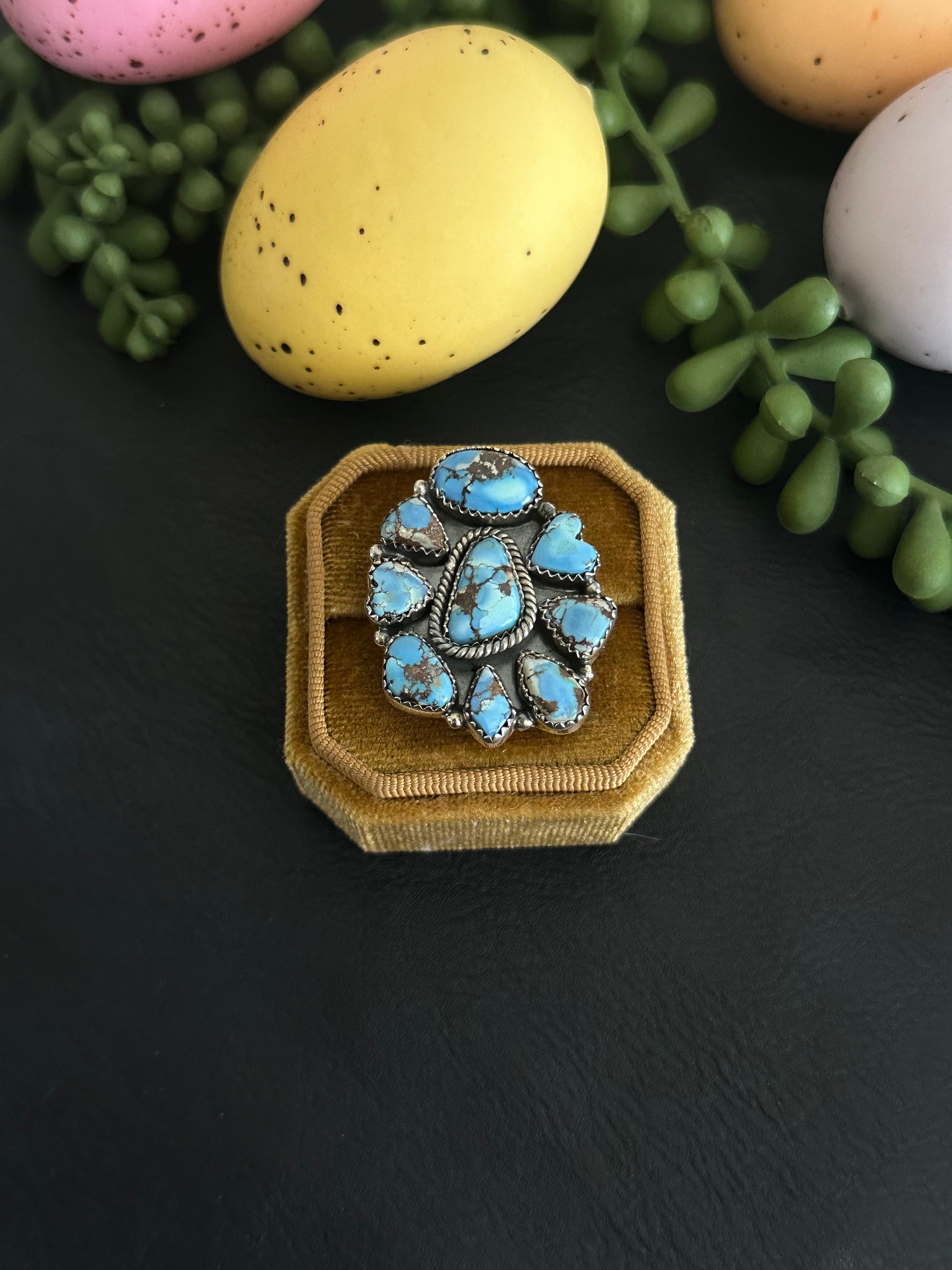 Southwest Handmade Golden Hills Turquoise & Sterling Silver Adjustable Cluster Ring