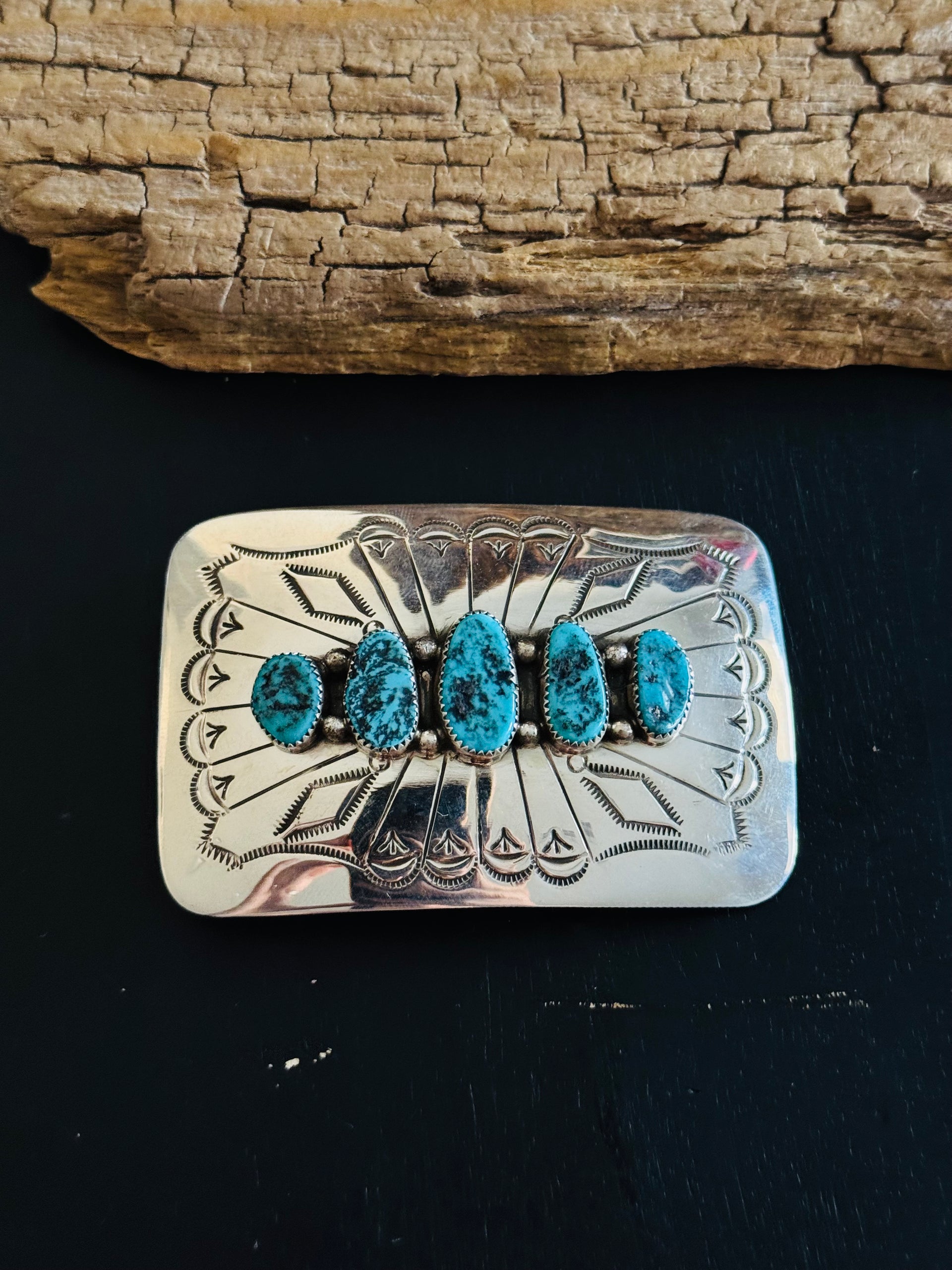Navajo Made Kingman Turquoise & Sterling Silver Belt Buckle