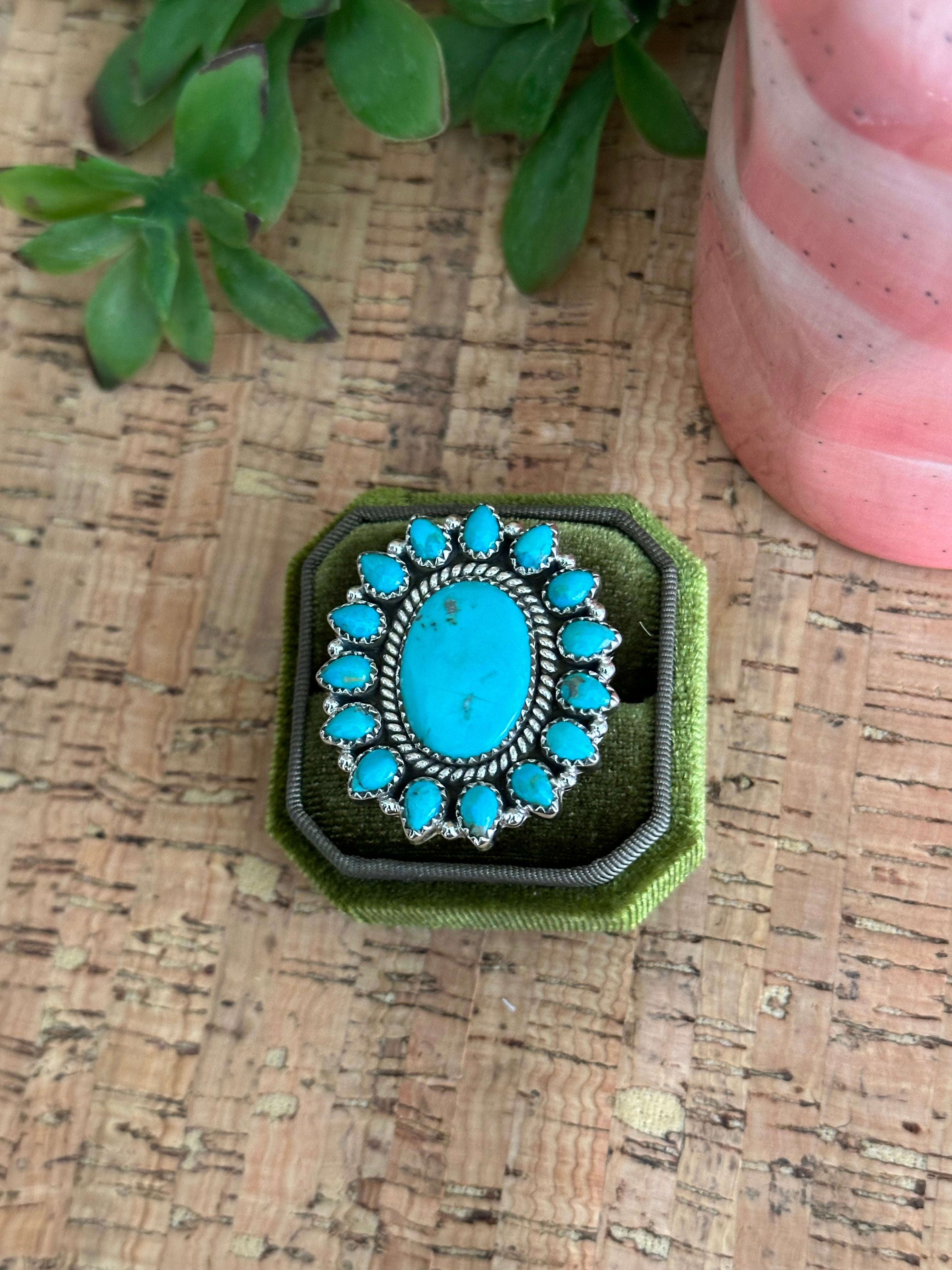 Southwest Handmade Kingman Turquoise & Sterling Silver Adjustable Cluster Ring