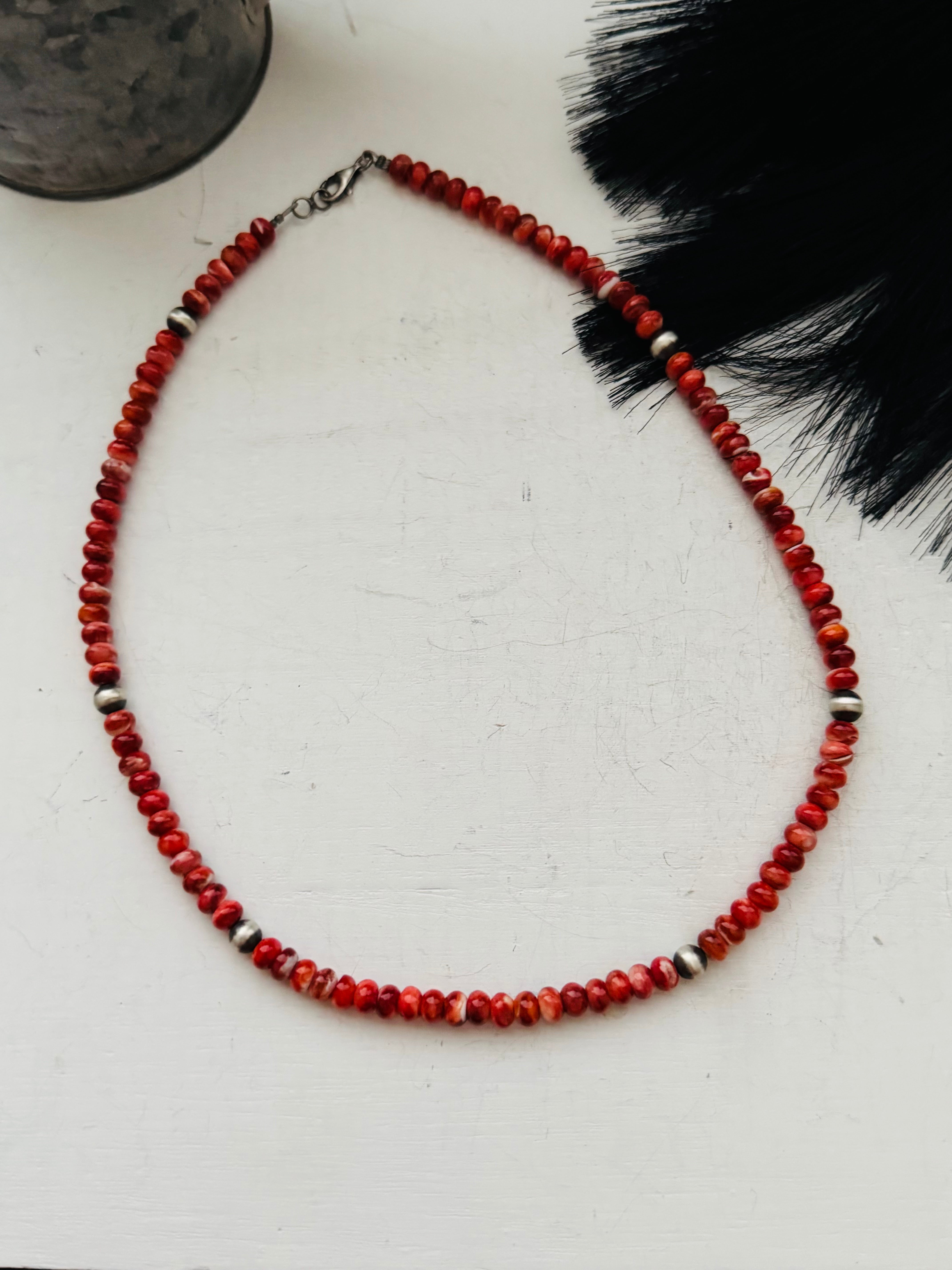 Theresa Skeets Red Spiny Oys & Sterling Silver Beaded Pearl Necklace