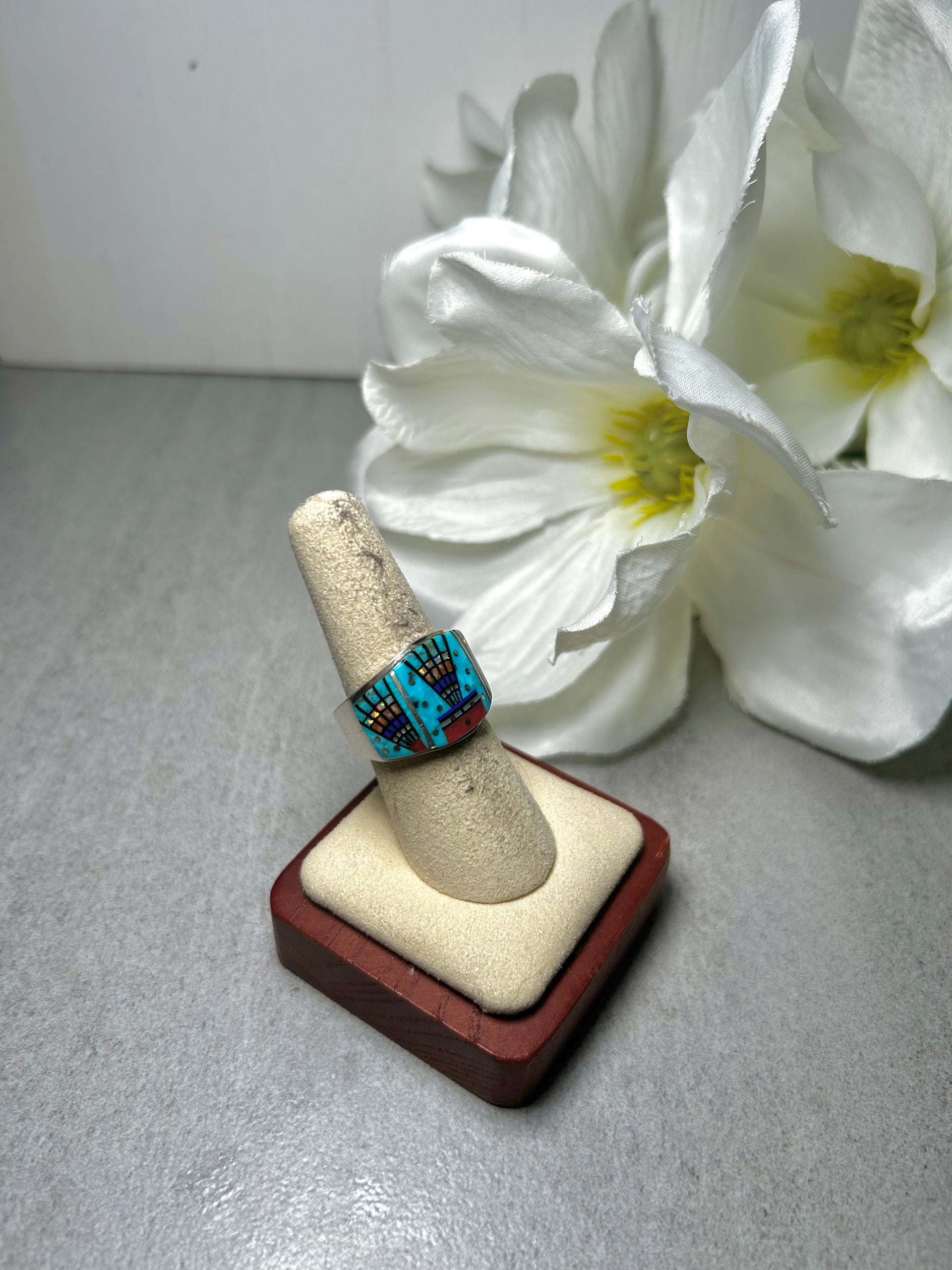 Navajo Made Multi Stone Galaxy Inlay & Sterling Silver Ring Size 7.5