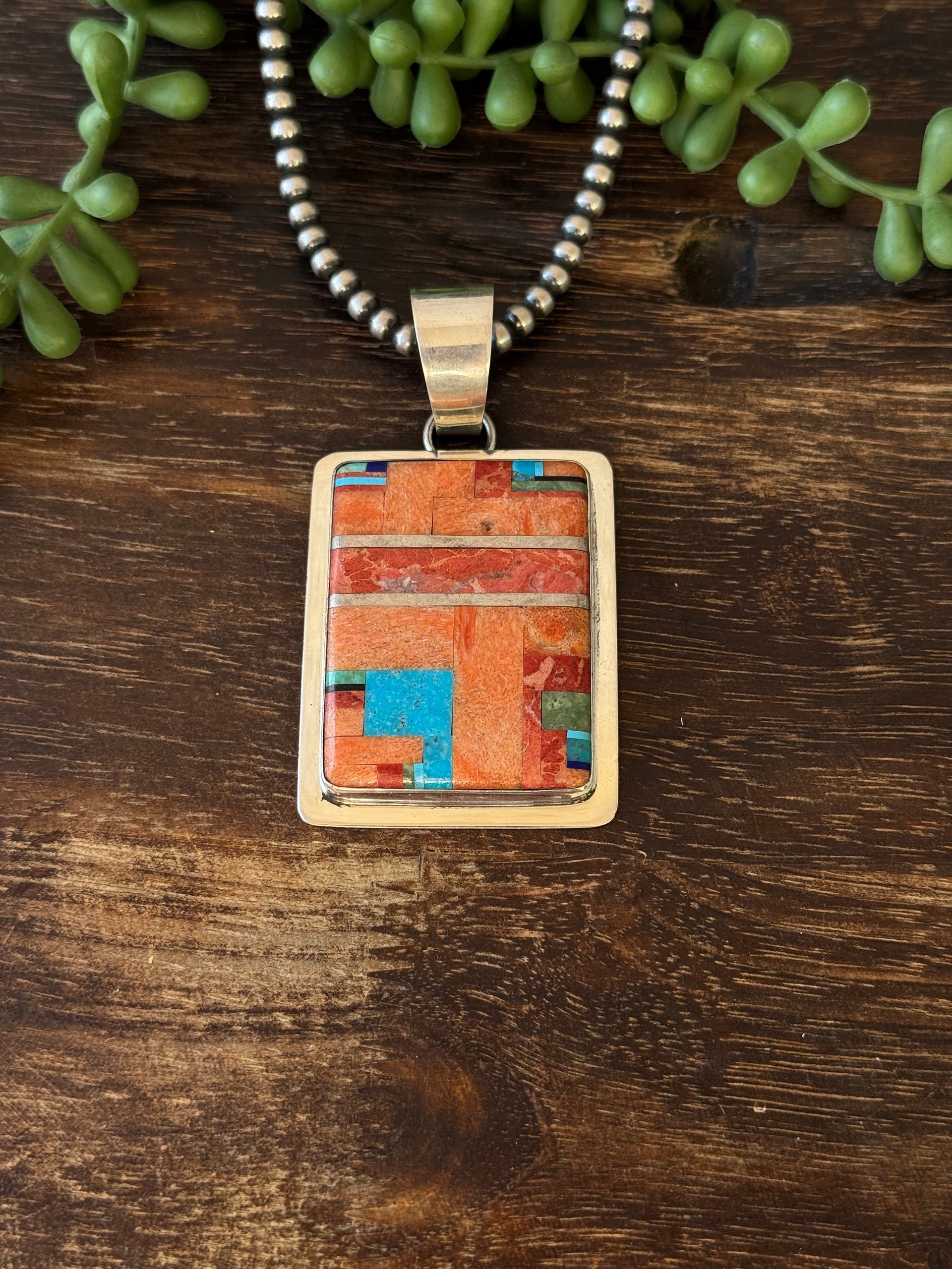 Navajo Made Multi Stone & Sterling Silver Inlay Pendant
