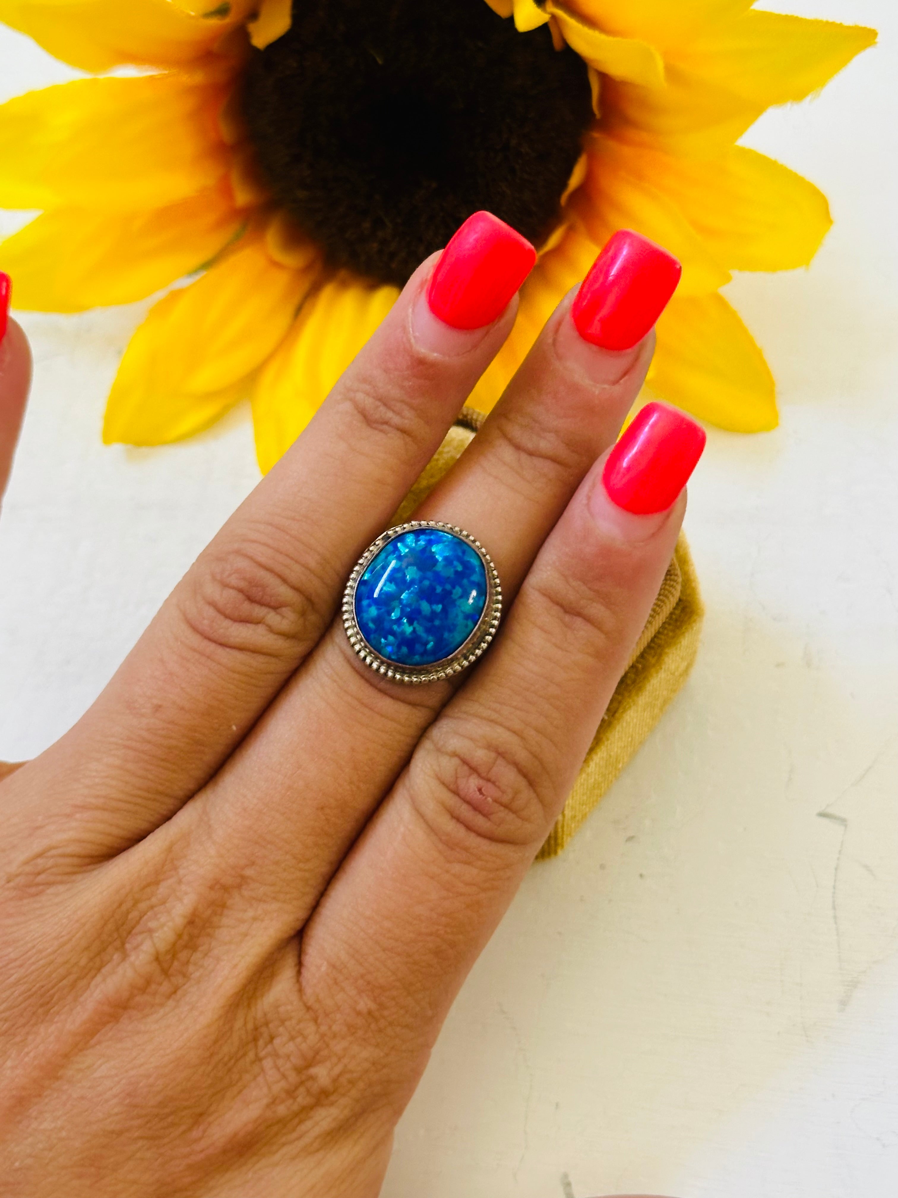 Navajo Made Blue Opal & Sterling Silver Ring Size 7.75