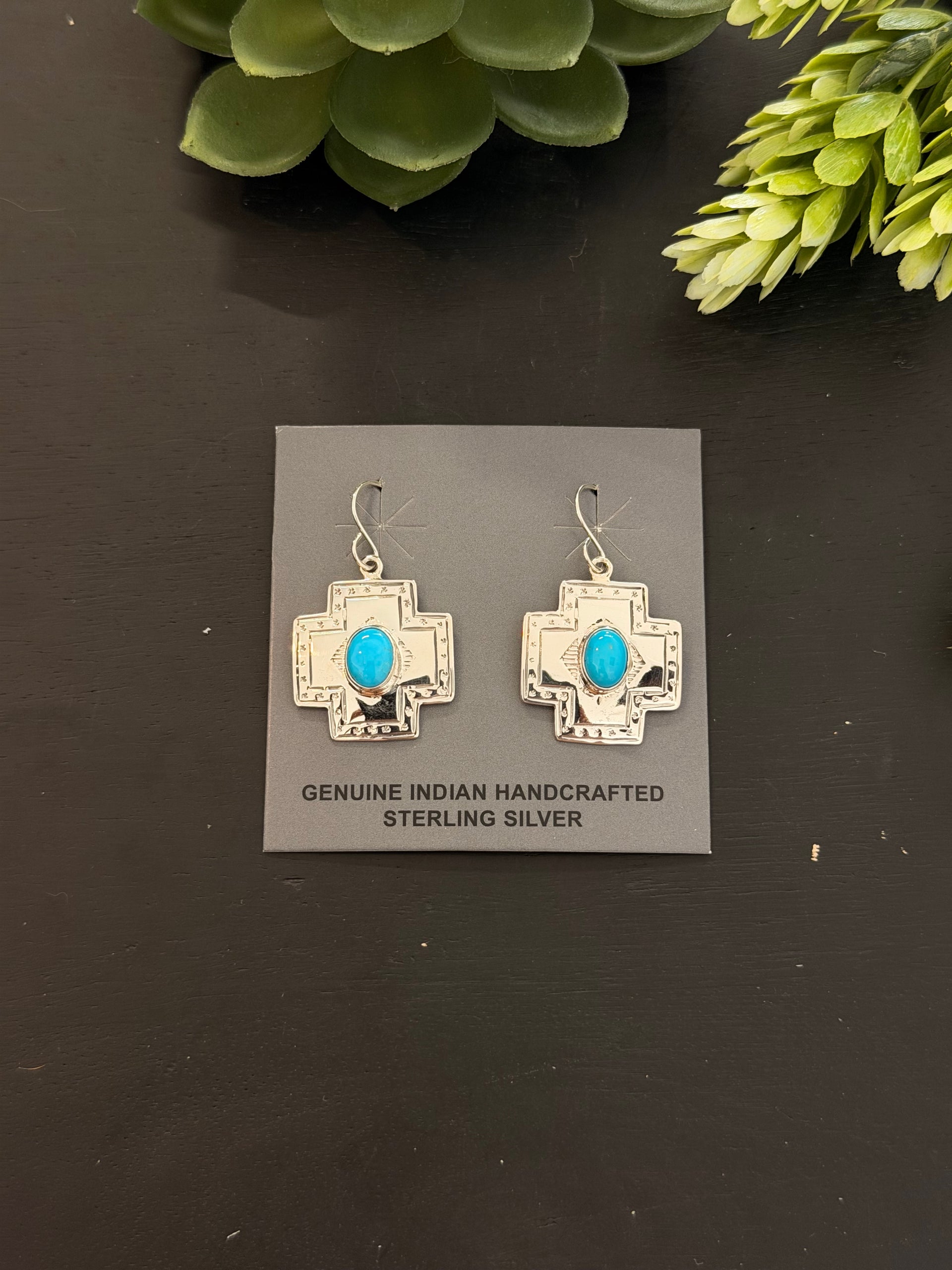 Navajo Made Kingman Turquoise & Sterling Silver Dangle Earrings