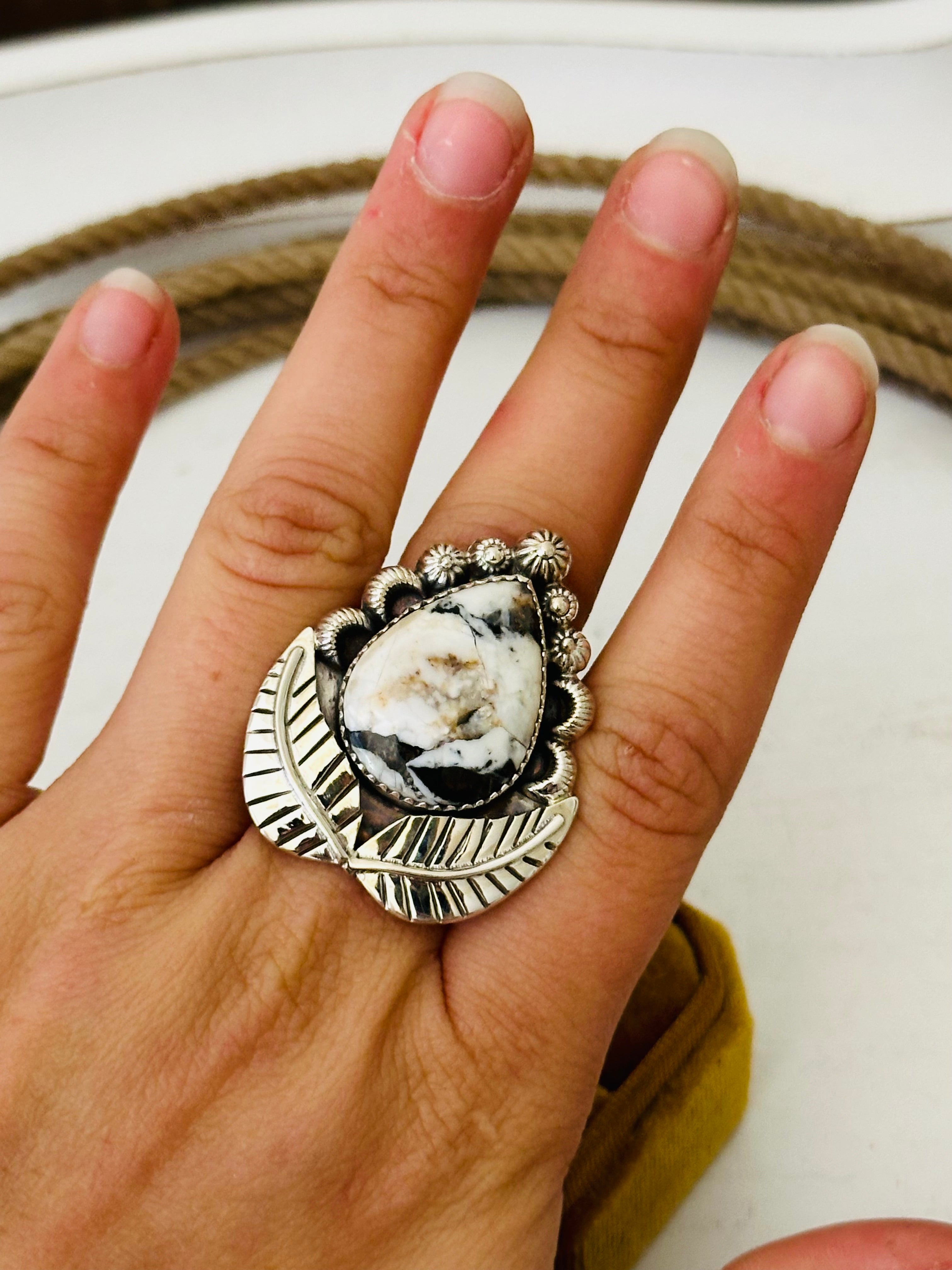 Southwest Handmade White Buffalo & Sterling Silver Adjustable Ring