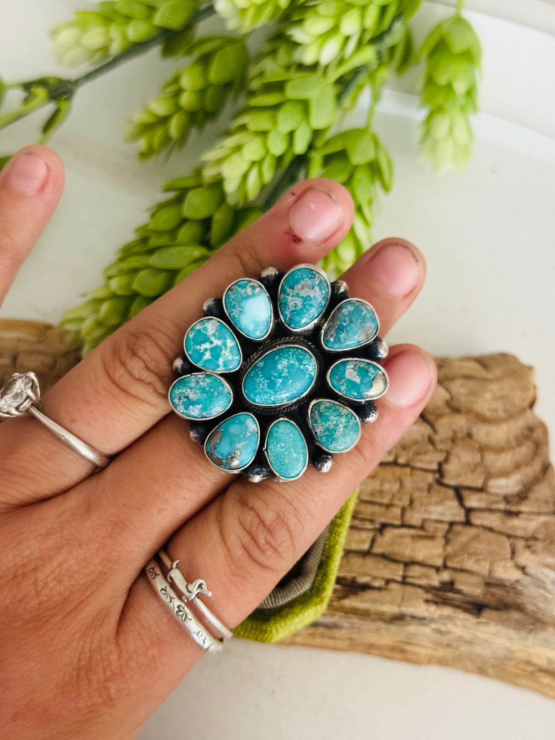 Navajo Made White Water Turquoise & Sterling Silver Cluster Ring Size 9