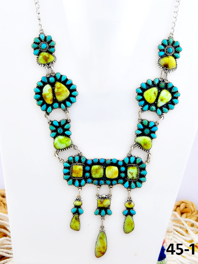 Southwest Made Palomino Turquoise with Mohave Turquoise & Sterling Silver Necklace