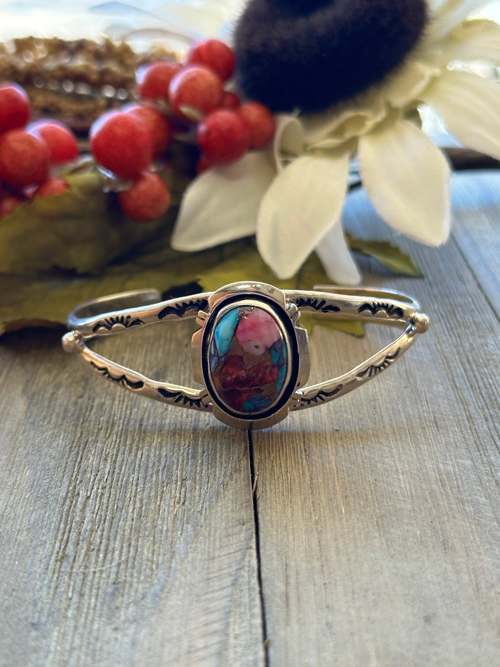 Navajo Made Mohave Turquoise & Sterling Silver Cuff Bracelet