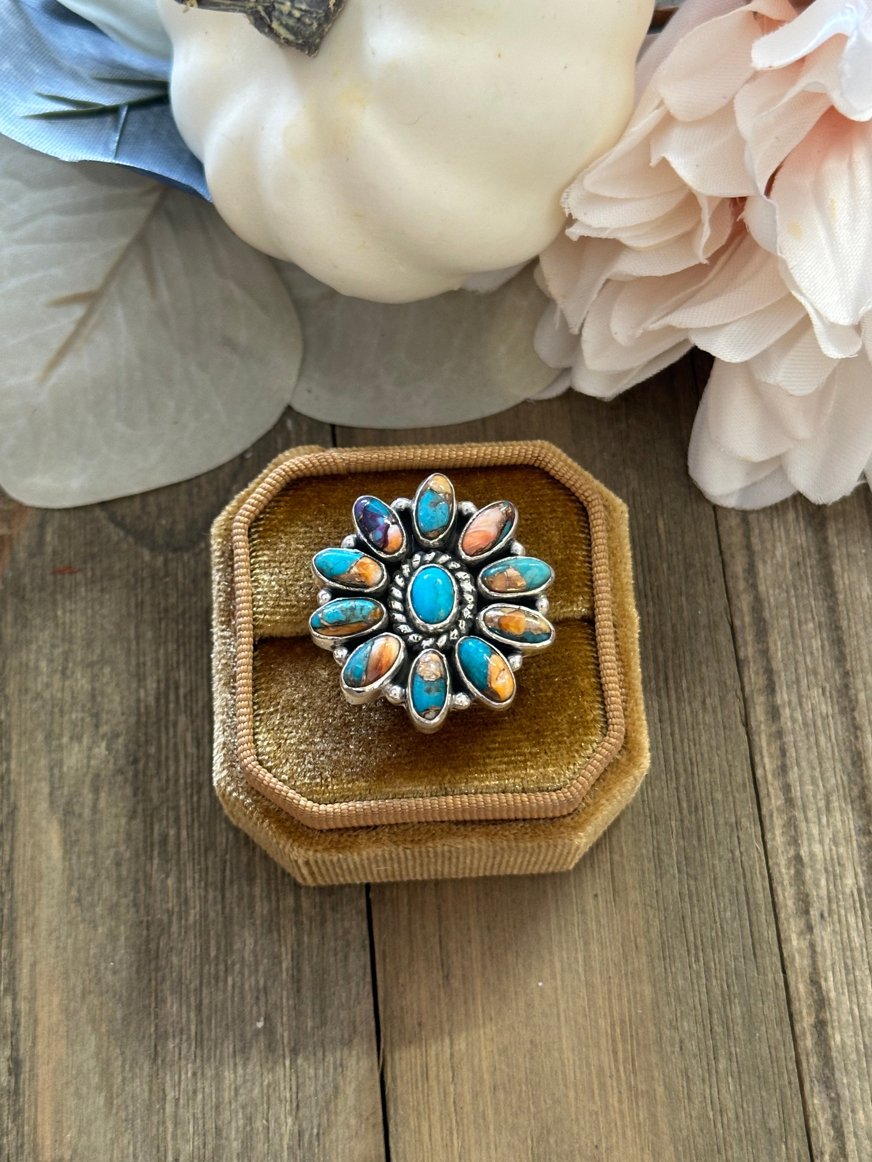 Southwest Handmade Mohave Turquoise & Sterling Silver Adjustable Cluster Ring