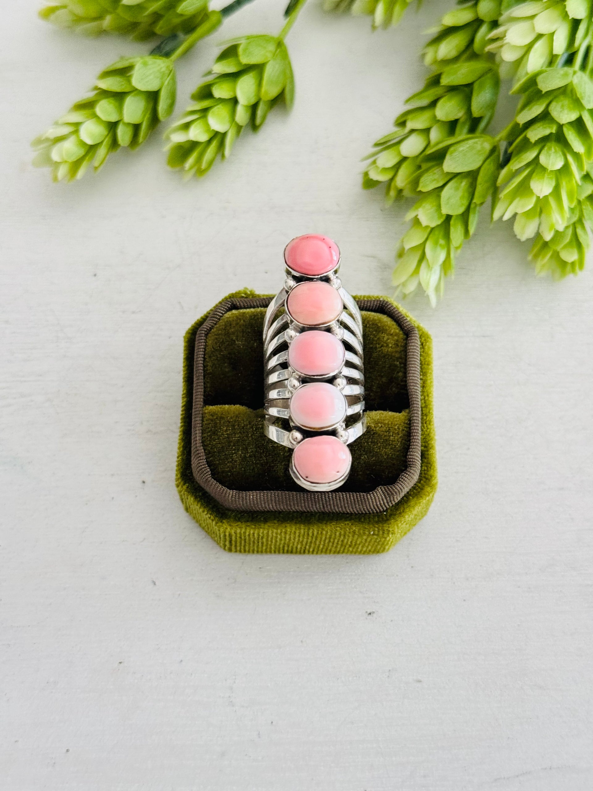 Navajo Made Pink Conch & Sterling Sliver Cluster Ring Size 6