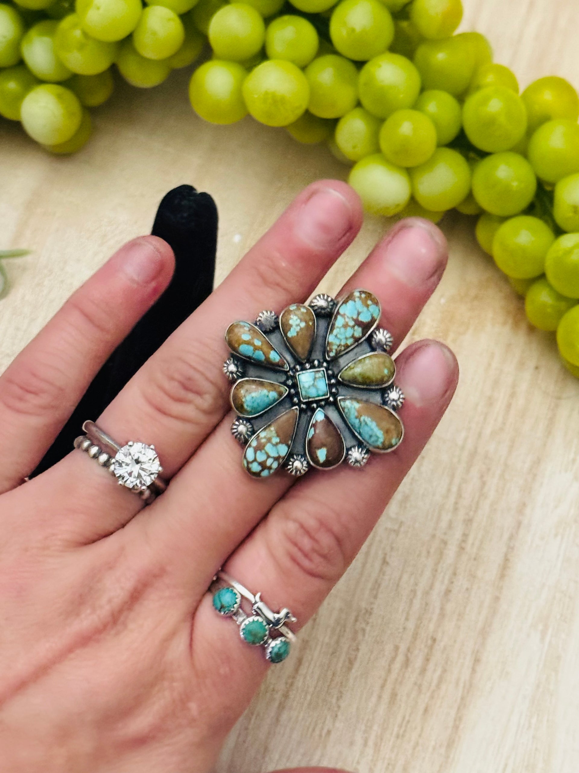 Southwest Handmade Number 8 Turquoise & Sterling Silver Adjustable Cluster Ring