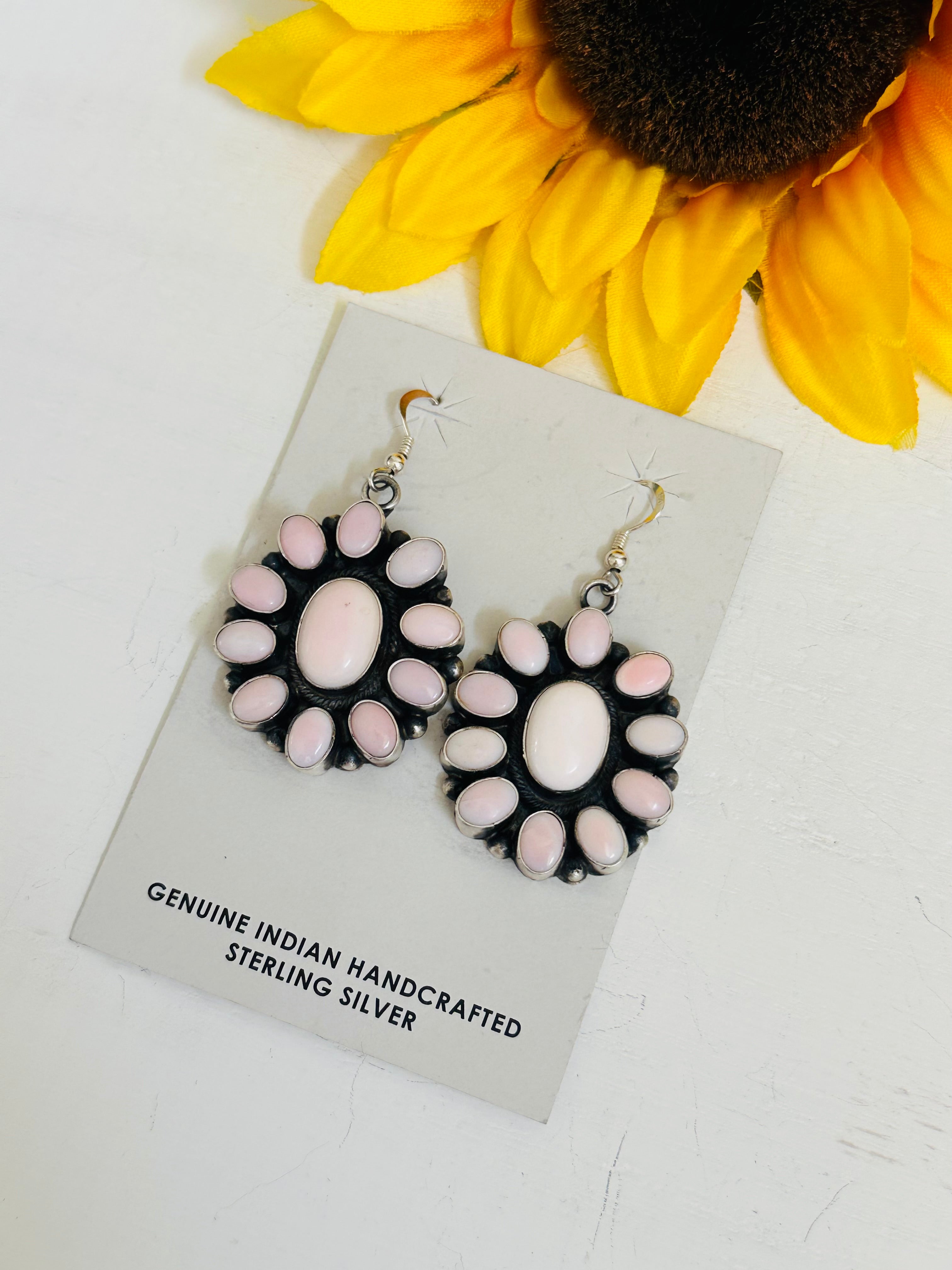 Randy Boyd Pink Conch & Sterling Silver Cluster Dangle Earrings