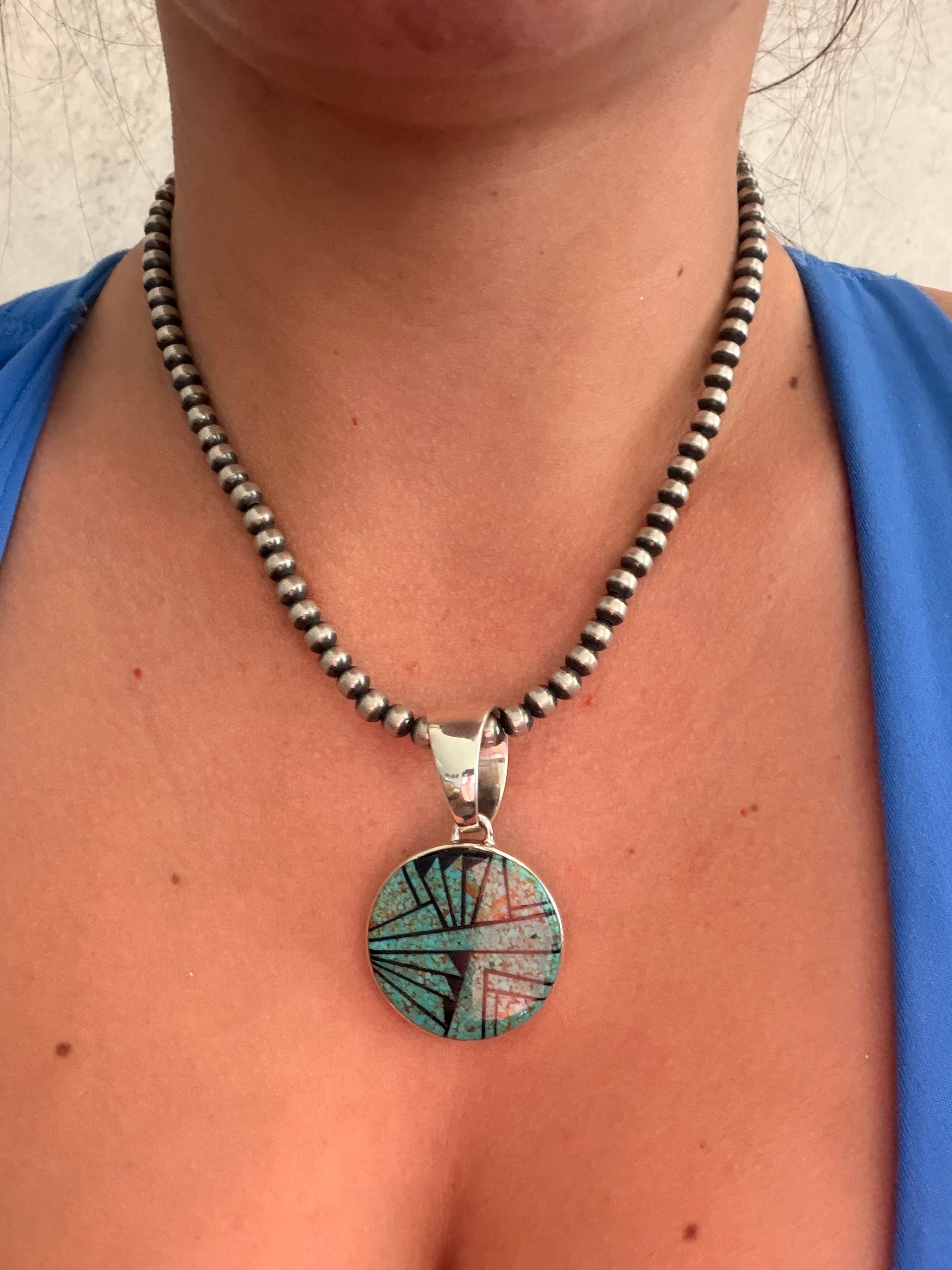 Navajo Made Multi Stone & Sterling Silver Inlay Pendant
