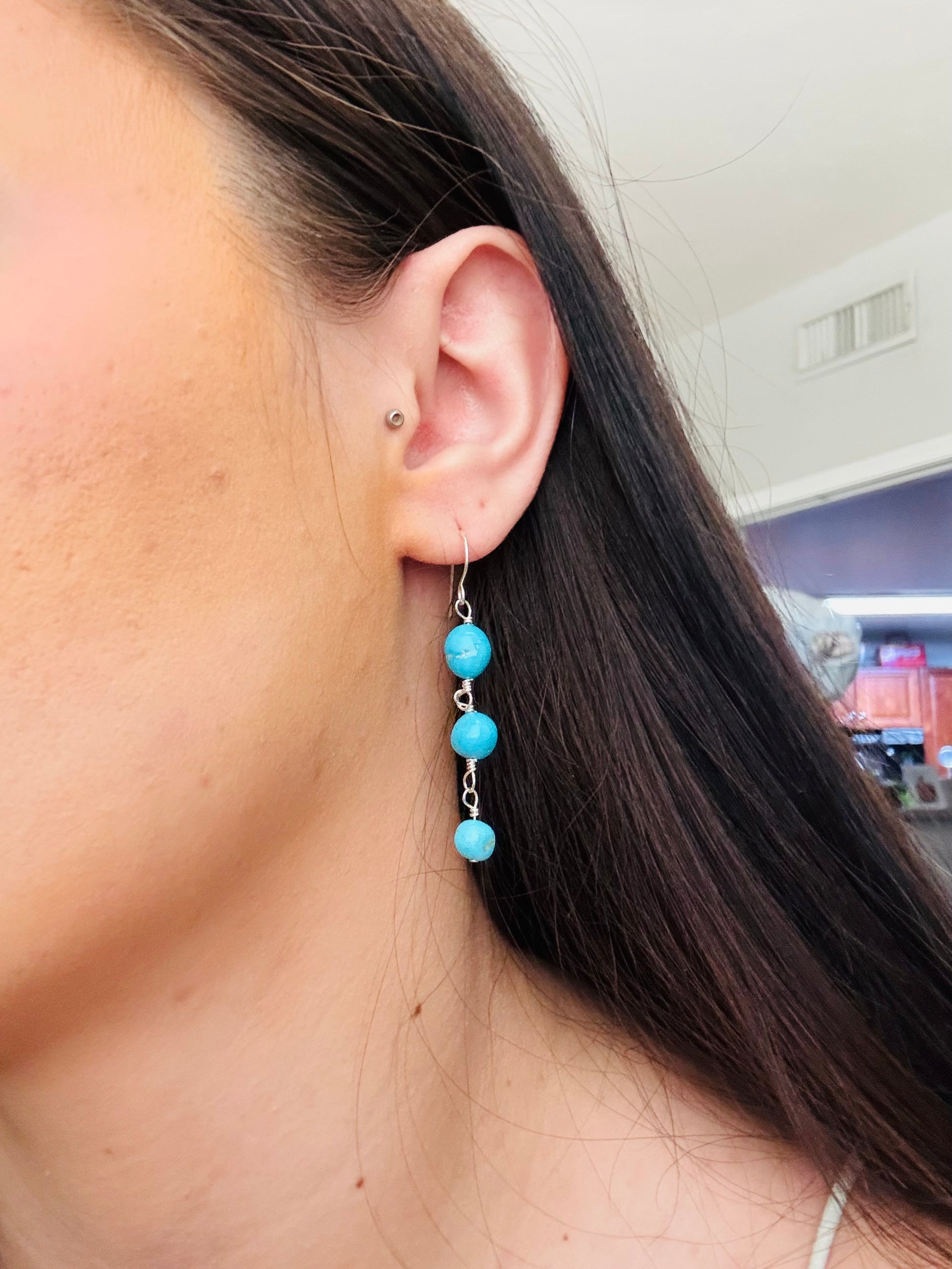 Navajo Strung Kingman Turquoise & Sterling Silver Beaded Dangle Earrings