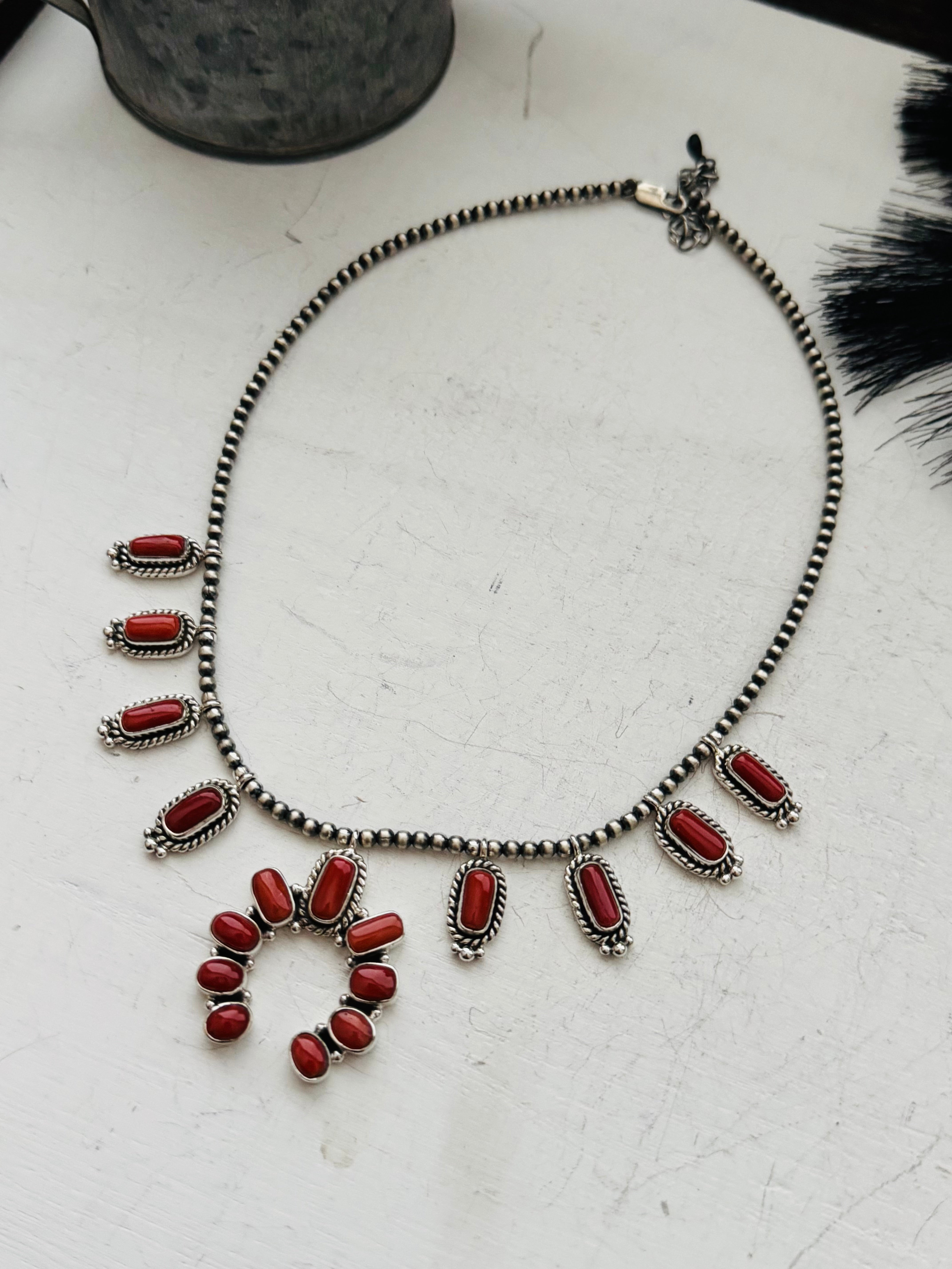 Southwest Handmade Coral & Sterling Silver Naja Necklace