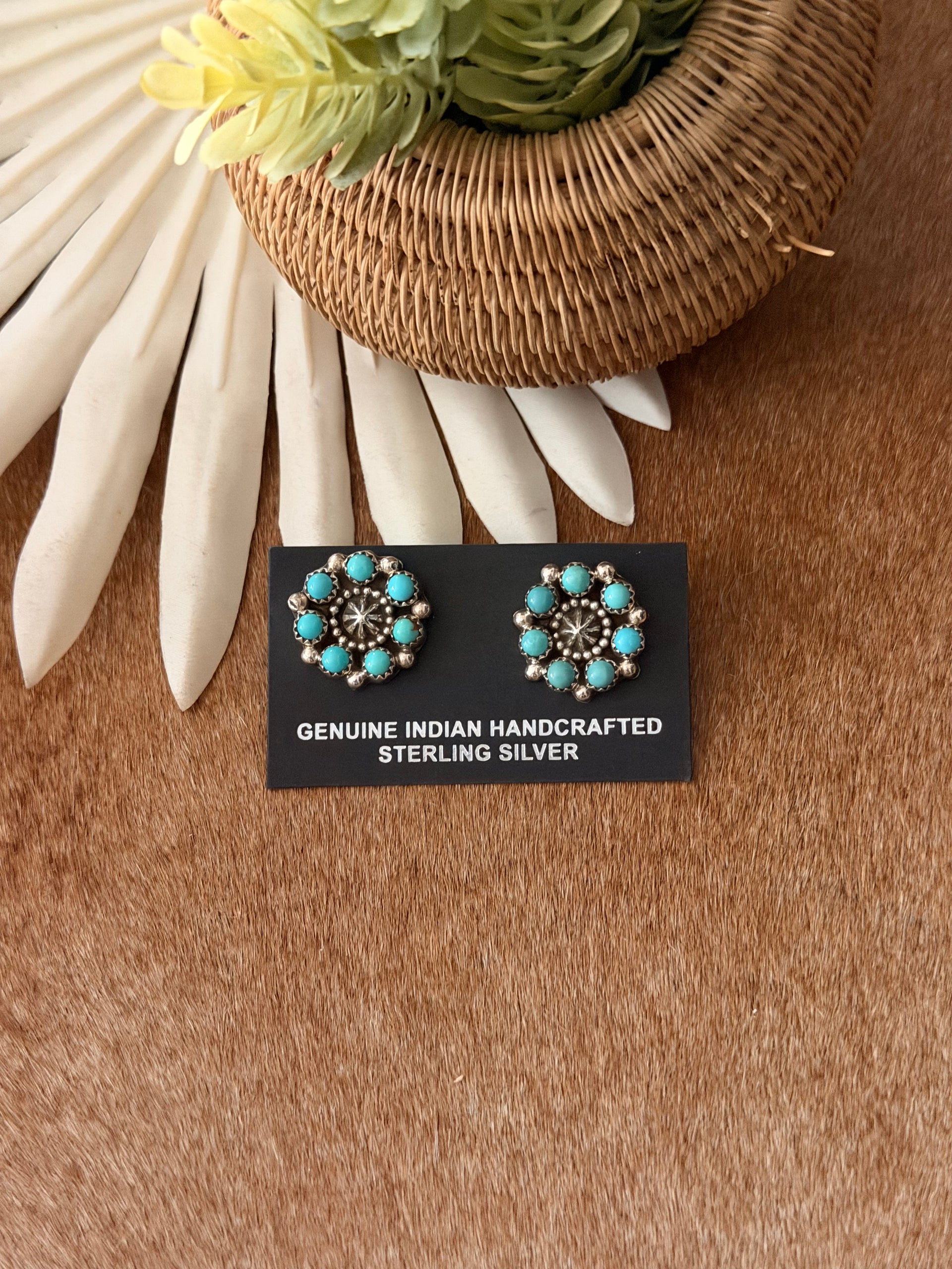 Navajo Made Kingman Turquoise & Sterling Silver Post Cluster Earrings