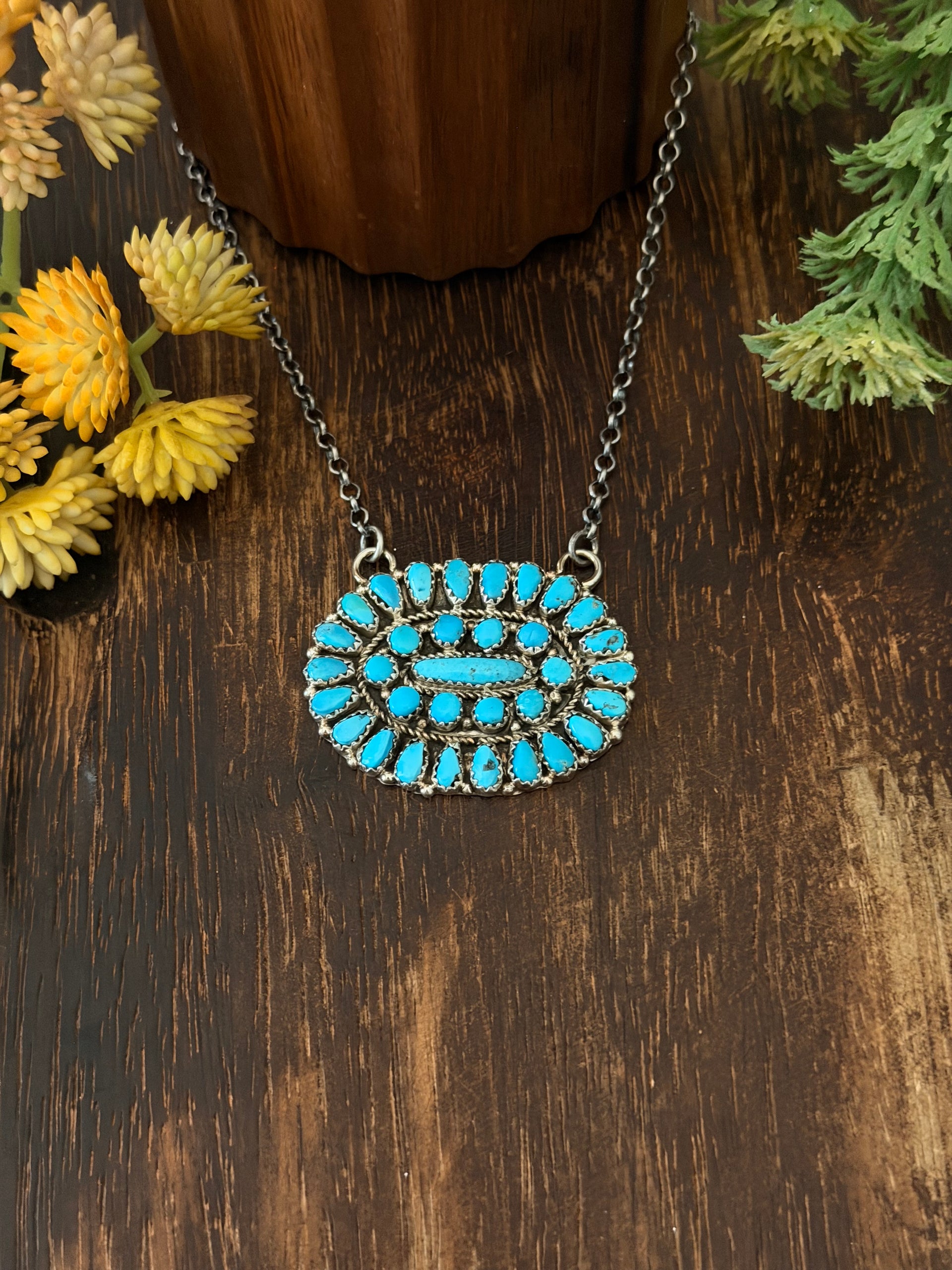 Navajo Made Kingman Turquoise and Sterling Silver Petite Cluster Necklace